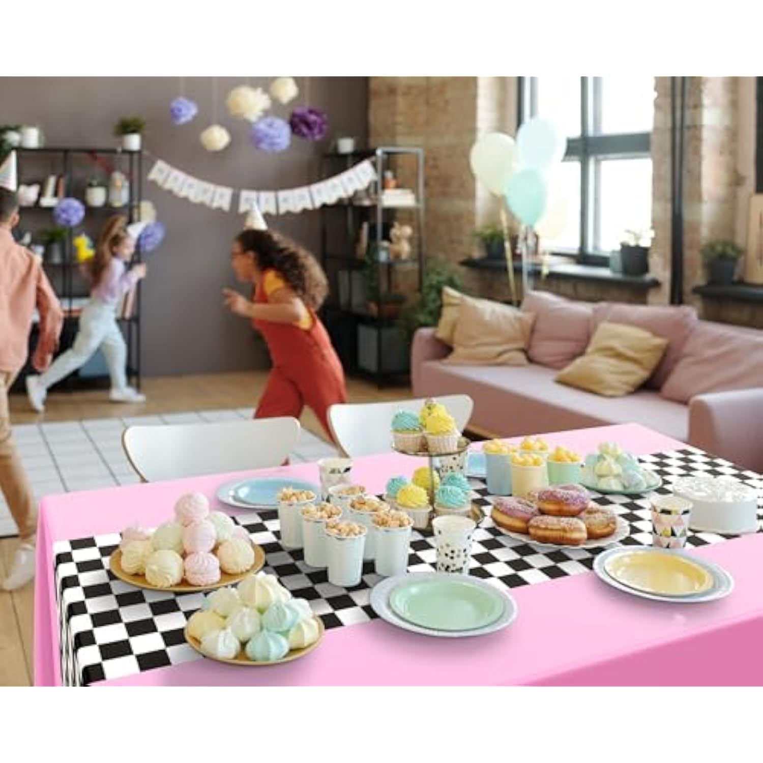 162 Pcs Racing Car Birthday Party Supplies Racing Car Tableware Sets For 20 Guests Checkered Race Themed Rectangular Tablecloth Plates Cups Folks For Birthday Party Decorations (Pink)