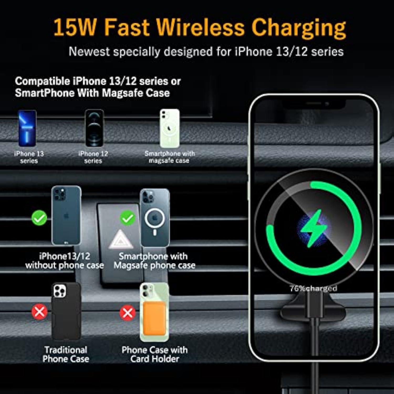 15W Magnetic Wireless Car Charger Cd Slot Mount For Iphone 13/13 Pro/13 Pro Max/13 Mini/12/12 Pro/12 Pro Max,Powerful Suction Auto-Alignment Mag-Safe Car Mount, Compatible With Mag-Safe Cases