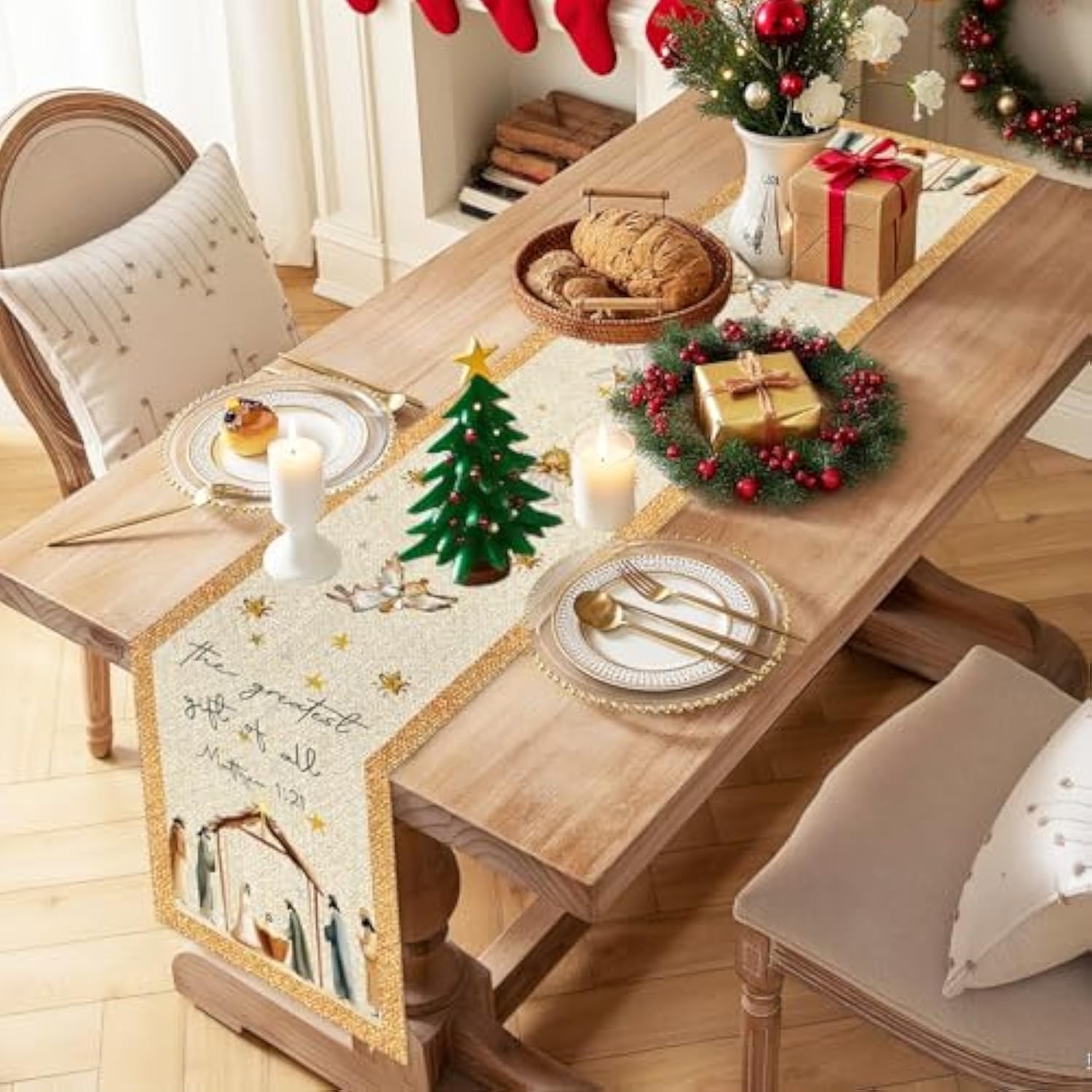 Jesus Christmas Decoration Holy Night Nativity Christ Table Runner Merry Christmas Tabletop Cover,Seasonal Winter Xmas Party Decorations For Home Indoor Kitchen Dining