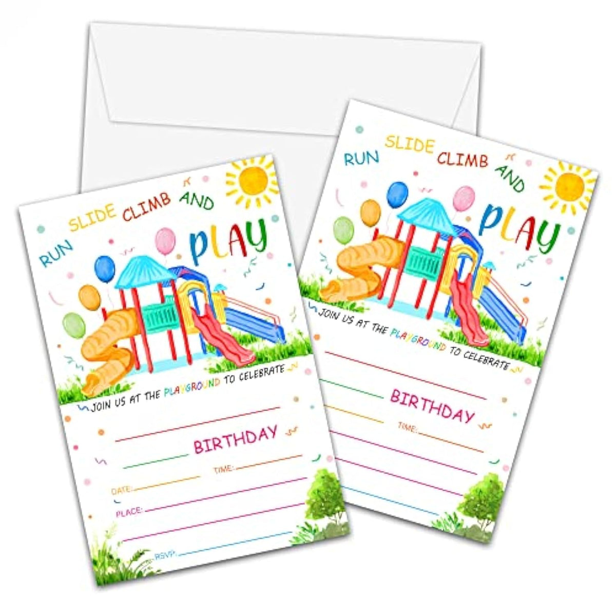 Playground Birthday Invitations With Envelopes - Park Party Invitation Card - Playground Themed Fill-In Invites Cards - Outdoor Party Favors Decorations (20 Pack)-01