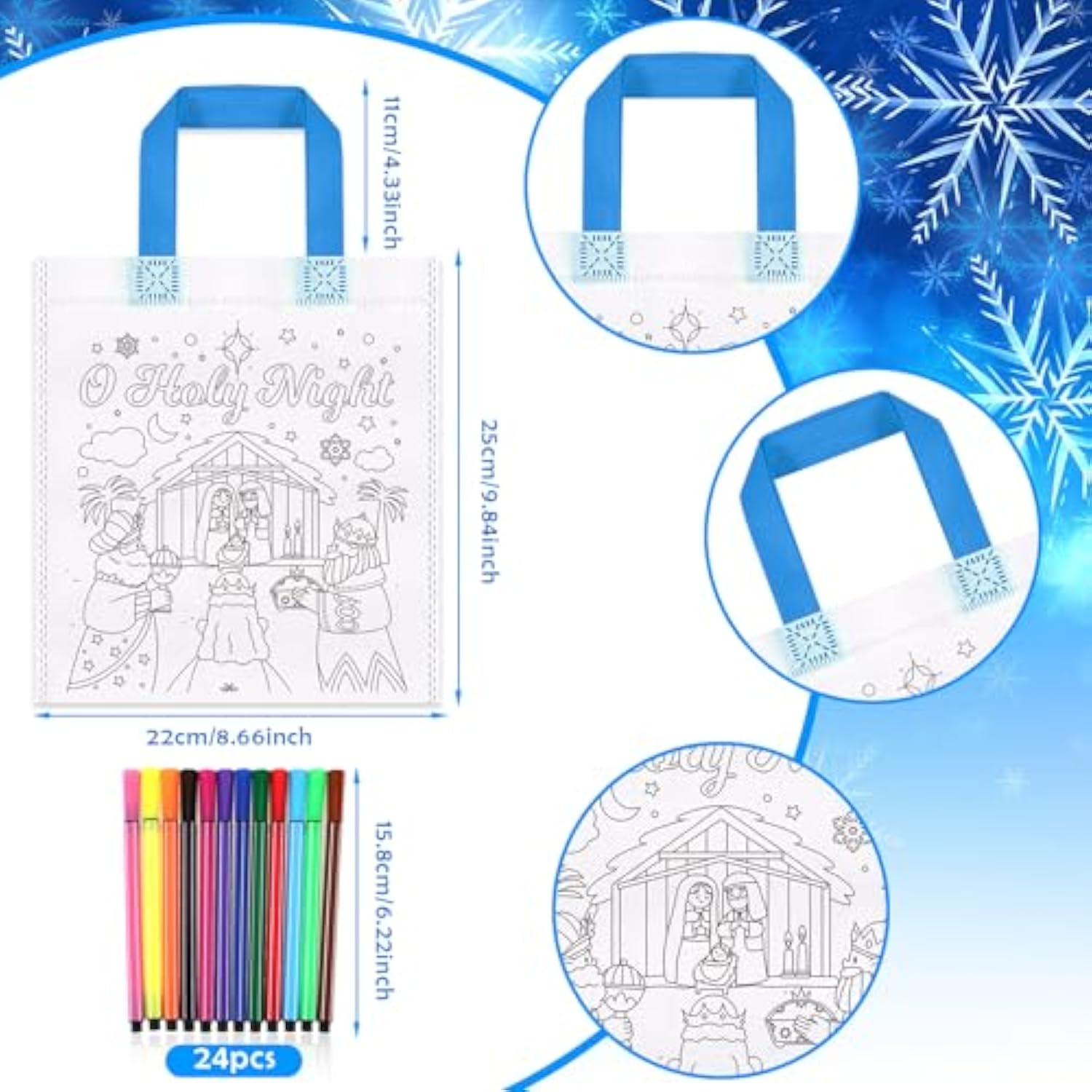 12Pcs Nativity Scene Goodie Bags With Paint Pens For Kids, O Holy Night & Joy To The World Coloring Gift Bags, Religious Christmas Reusable Canvas Bag Favors