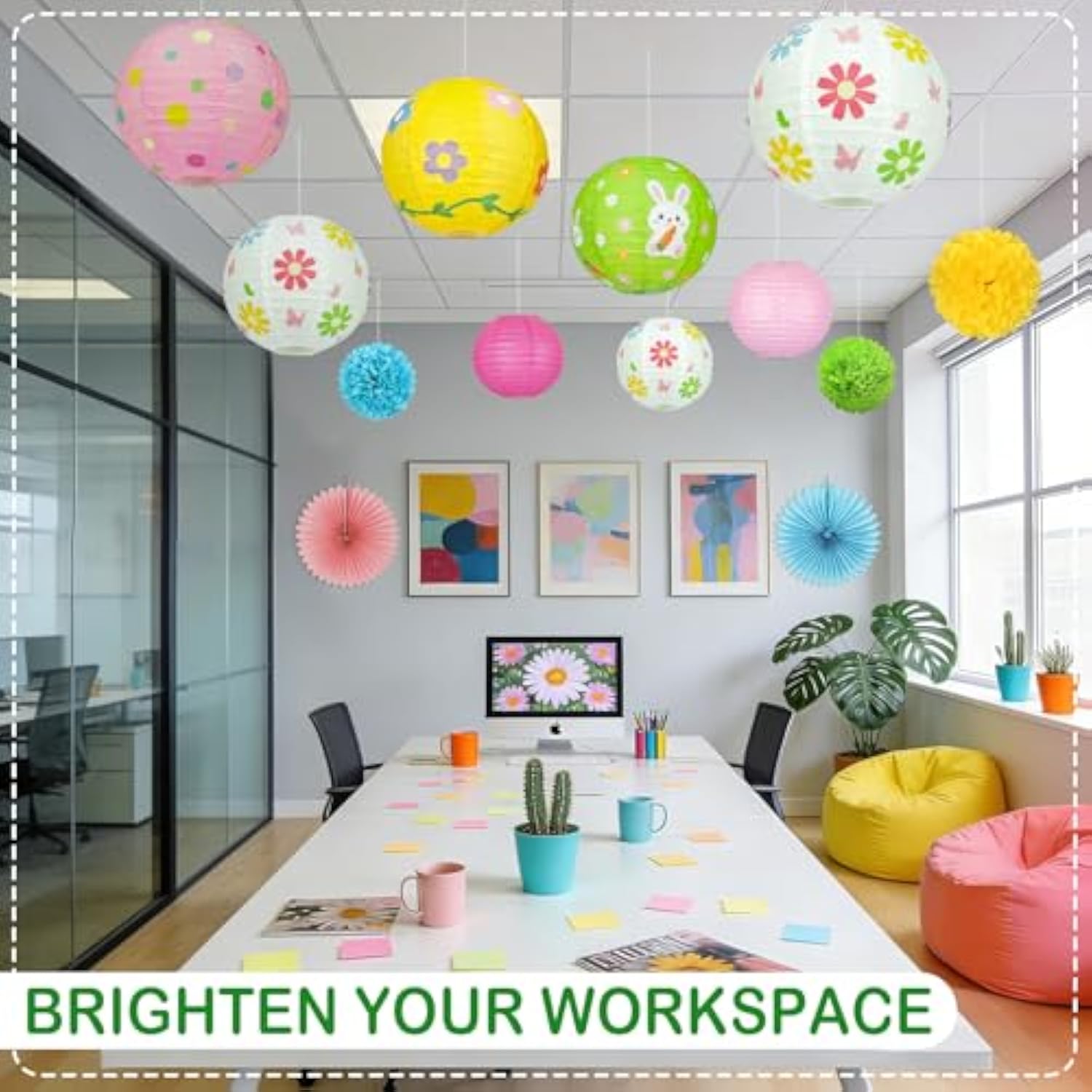 Spring Hanging Decorations – 14 Pack Pastel Bunny & Daisy Paper Lanterns, Pom Poms & Fans – Spring Decorations For Classroom, Office, Birthday