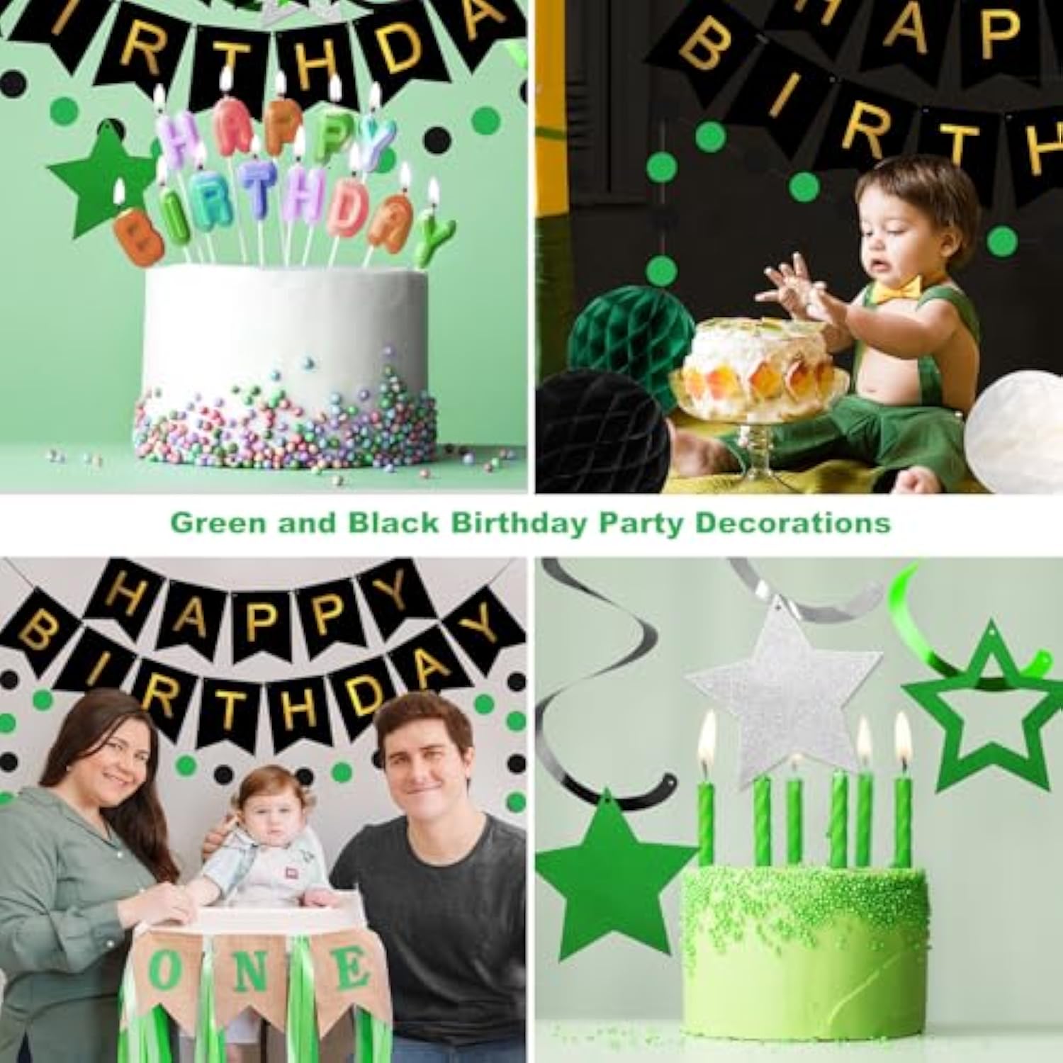 Birthday Decorations, Happy Birthday Banner With Honeycomb Balls, Star Hanging Swirl Streamer, Circle Dot Garland, Happy Birthday Party Decorations For Women Men Boys Girls (Green & Black)
