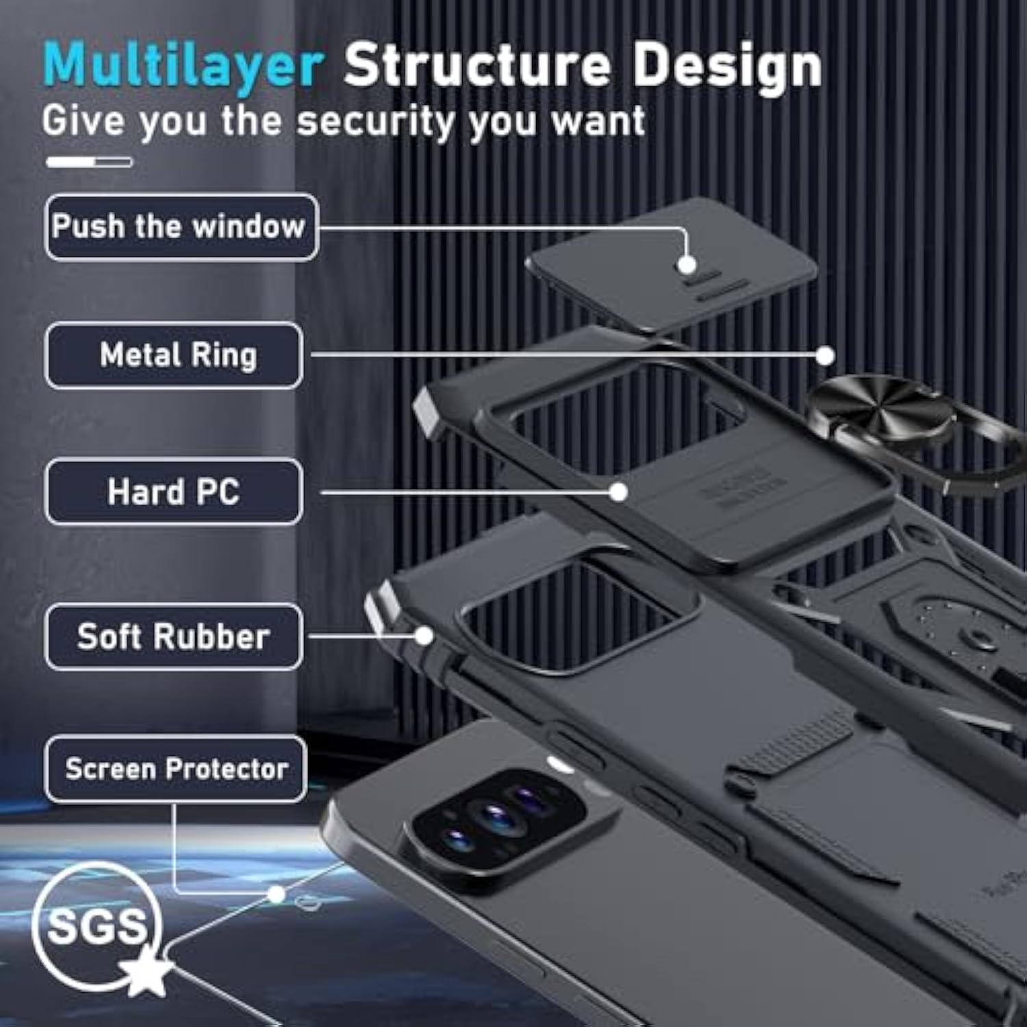Google Pixel 9 Pro XL Case with Slide Camera Cover Screen Protector and Ring Holder Black