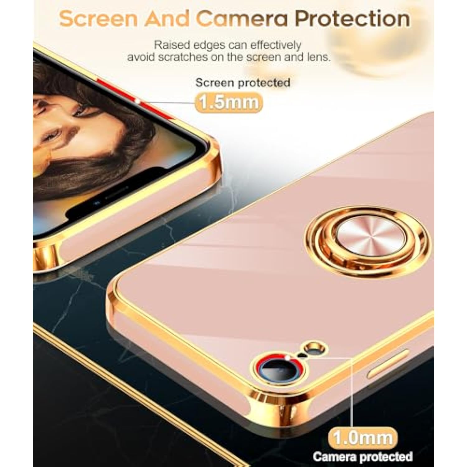 For Xr Case: With Tempered Glass Screen Protector [2 Pack] 360° Rotatable Ring Holder Magnetic Kickstand, Plating Rose Gold Edge For 10 Xr Case, Pink