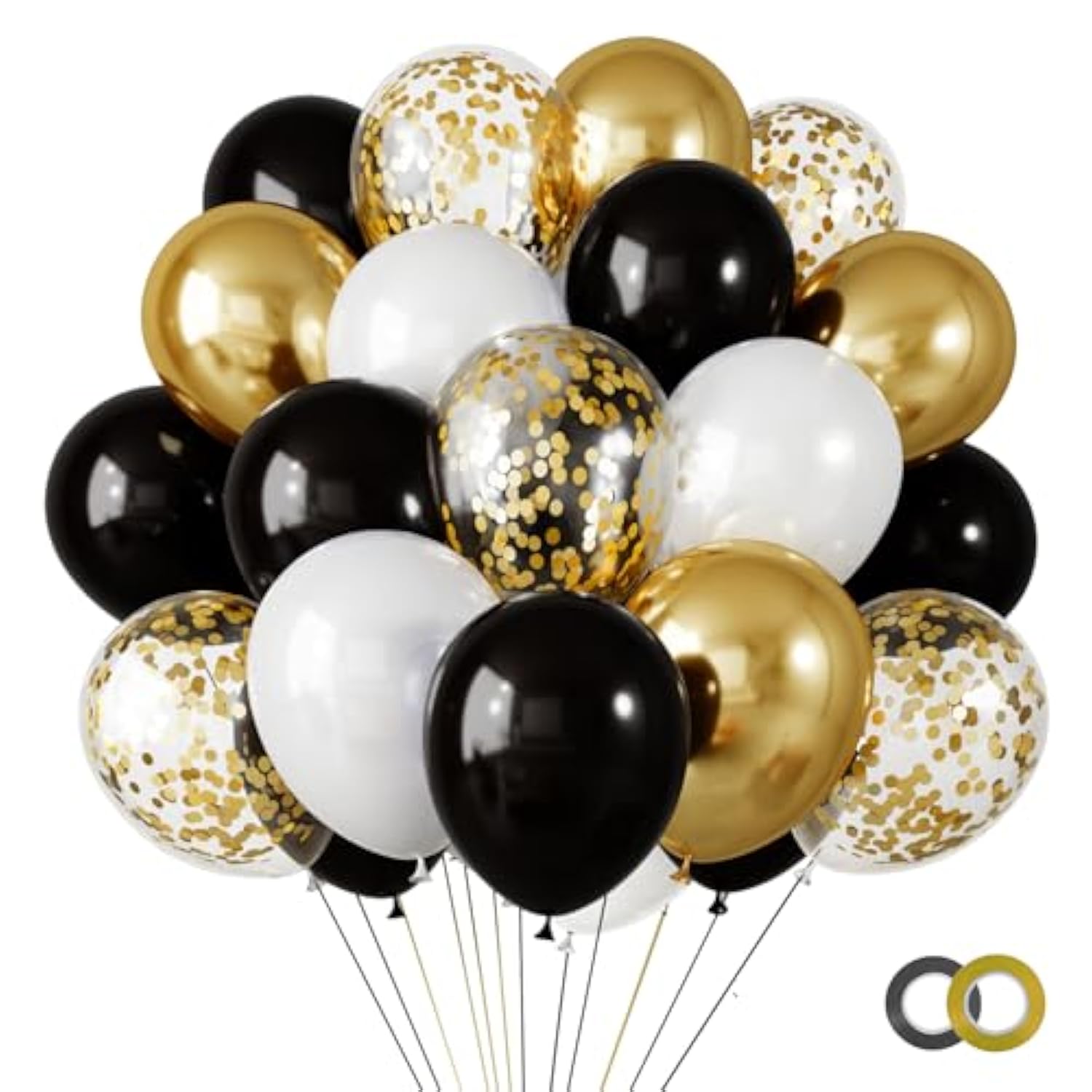 65Pcs 12 Inches Black Gold Confetti Balloons Kit, Metallic Gold And Black White Party Balloons With Ribbons For Birthday, Wedding, Baby Shower, Graduation, Happy New Year Decorations