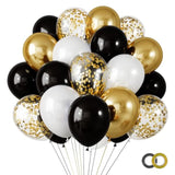 65Pcs 12 Inches Black Gold Confetti Balloons Kit, Metallic Gold And Black White Party Balloons With Ribbons For Birthday, Wedding, Baby Shower, Graduation, Happy New Year Decorations