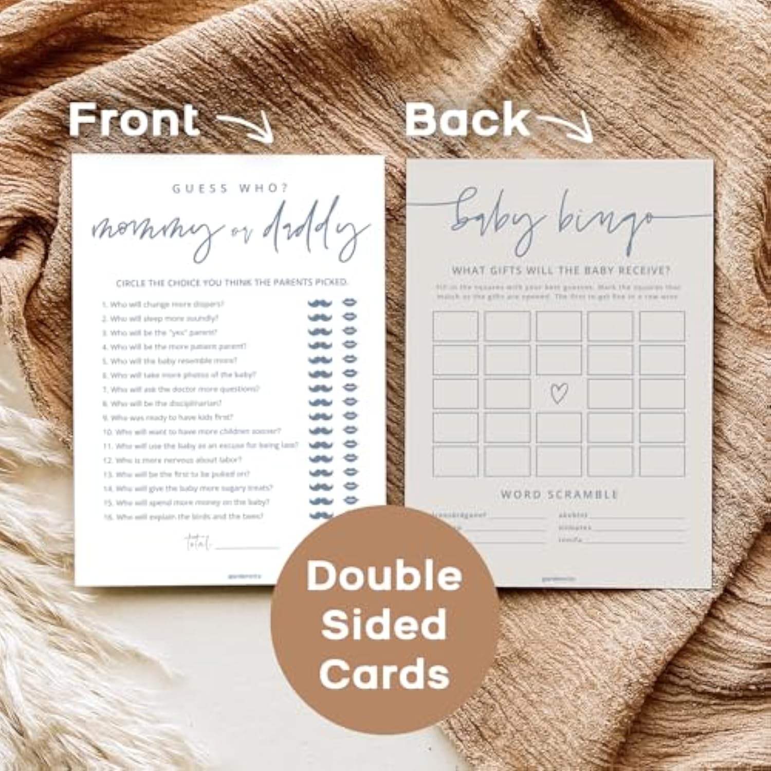 Baby Shower Games For Boy - Set Of 6 Baby Shower Games For 25 Guests, Double-Sided Thick Cards, Gender Neutral, Minimalist Blue