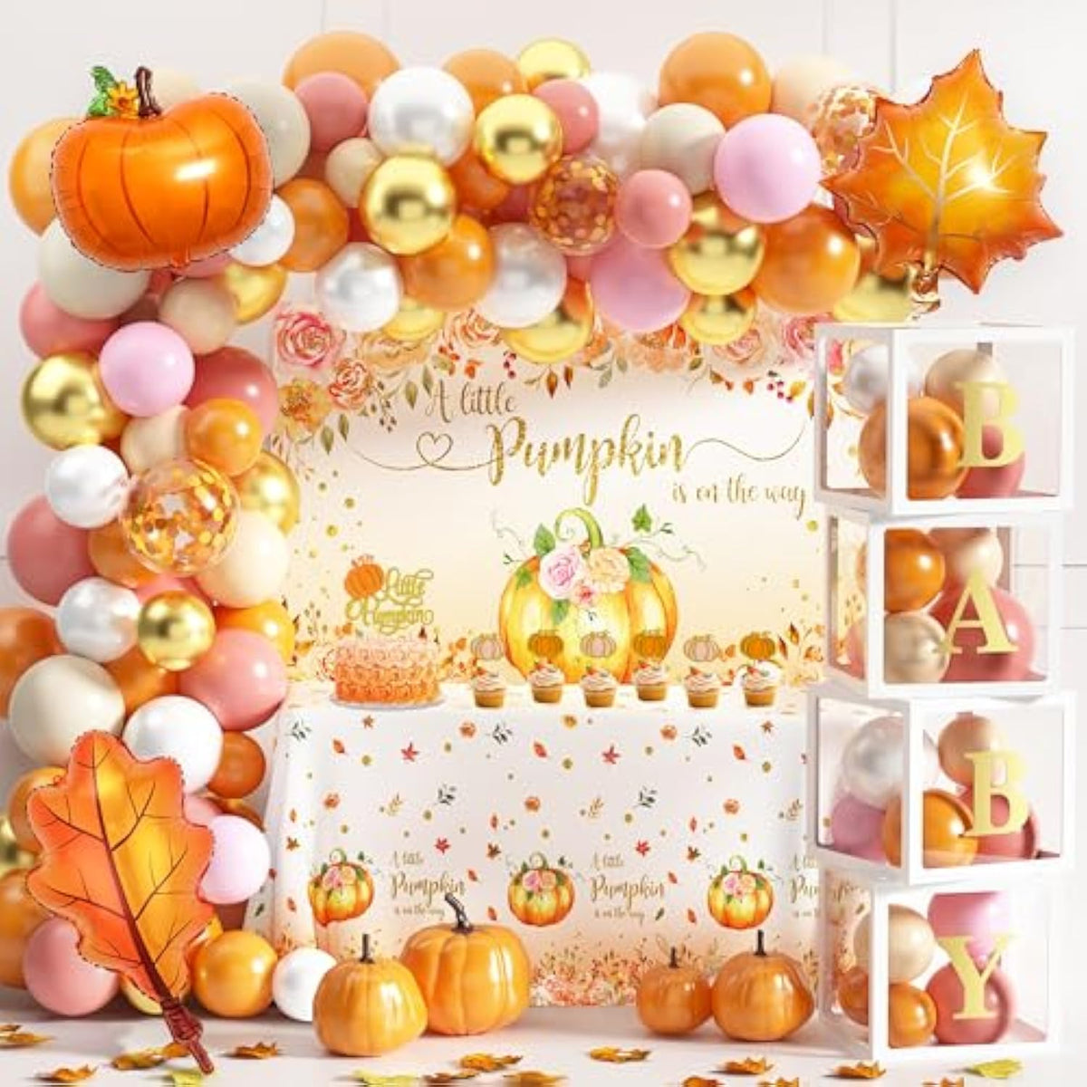 Little Pumpkin Fall Baby Shower Decorations Pumpkin Balloon Arch Kit with Backdrop Decor