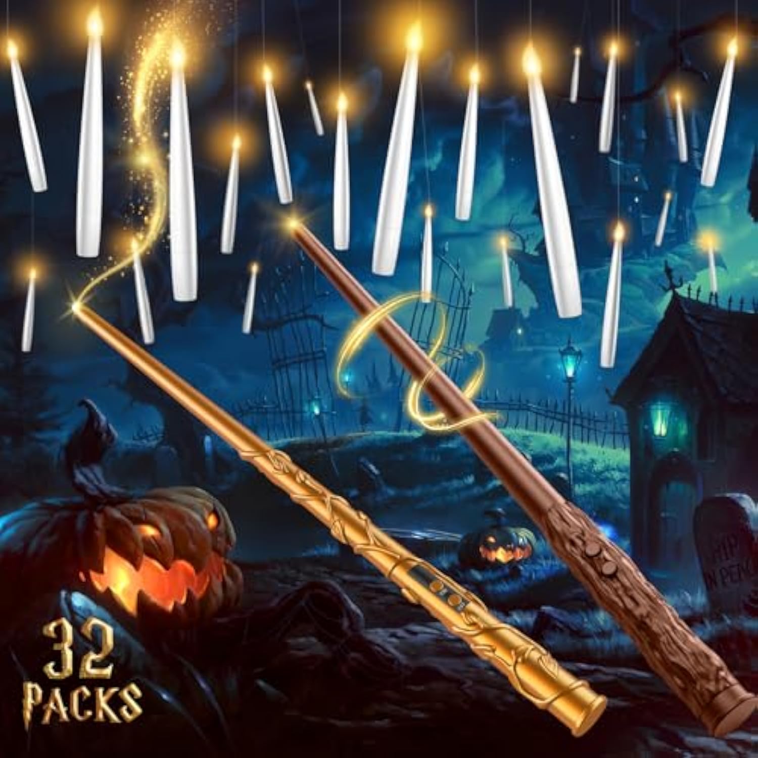 Floating Candles With Wand Halloween Decorations: 32 Pcs Magic Hanging Floating Flameless Candles With Remote For Halloween Christmas Tree Birthday Parties Indoor Outdoor Wall Decor