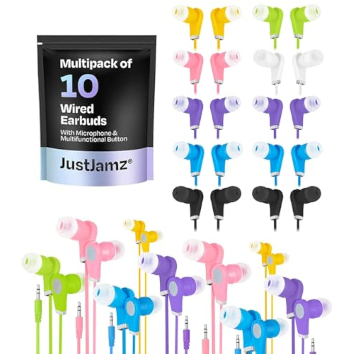 JustJamz Bits 10 Pack Ear Buds Bulk – Earbuds for Kids and School – Multipack with 3.5mm Jack – Cheap Headphones for Classroom, Events, Business and Travel