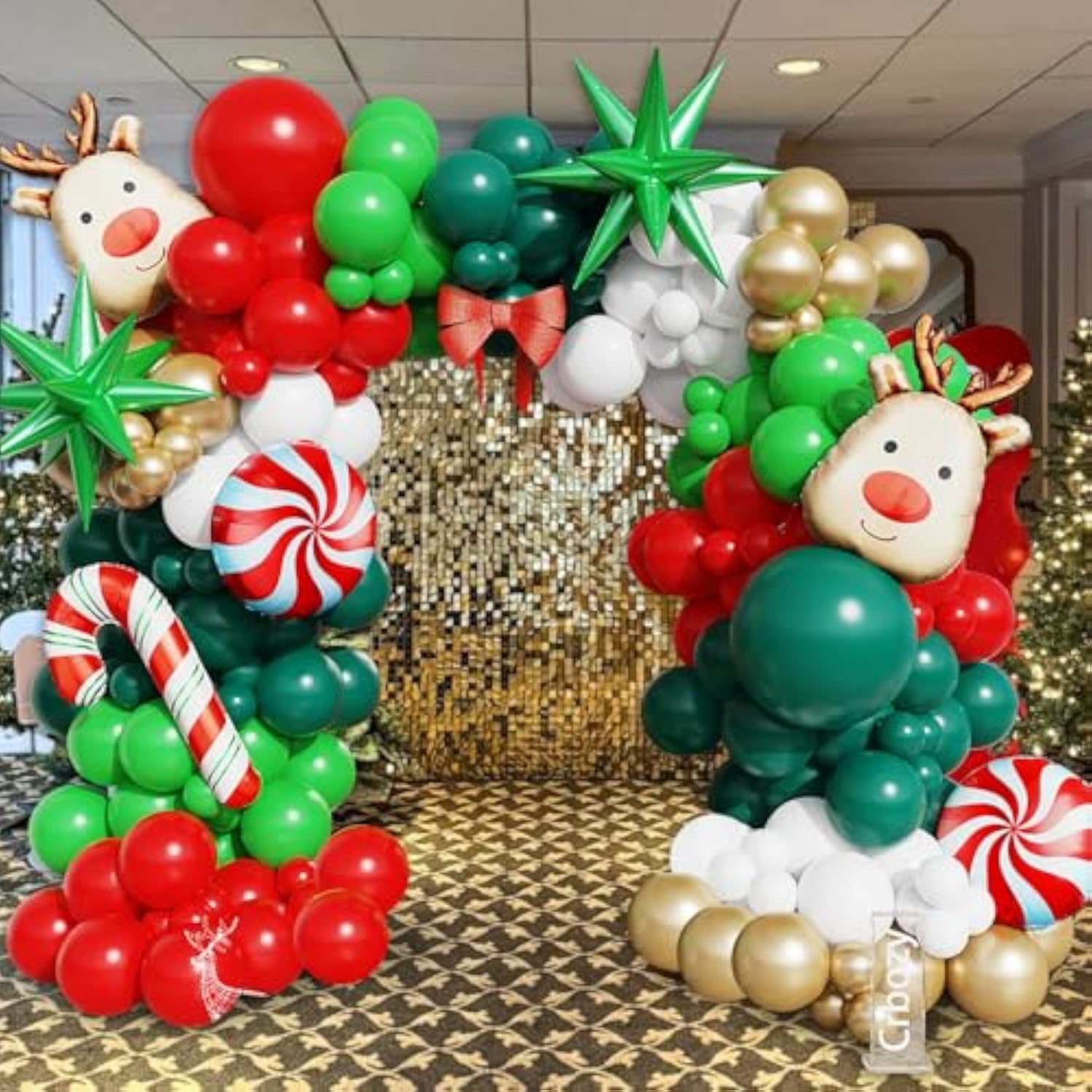 158Pcs Christmas Balloon Arch Garland Kit, Xmas Red Green White Gold Latex Balloons With Candy Cane Elk Deer Foil Balloons For Christmas New Year Winter Holiday Birthday Party Decorations
