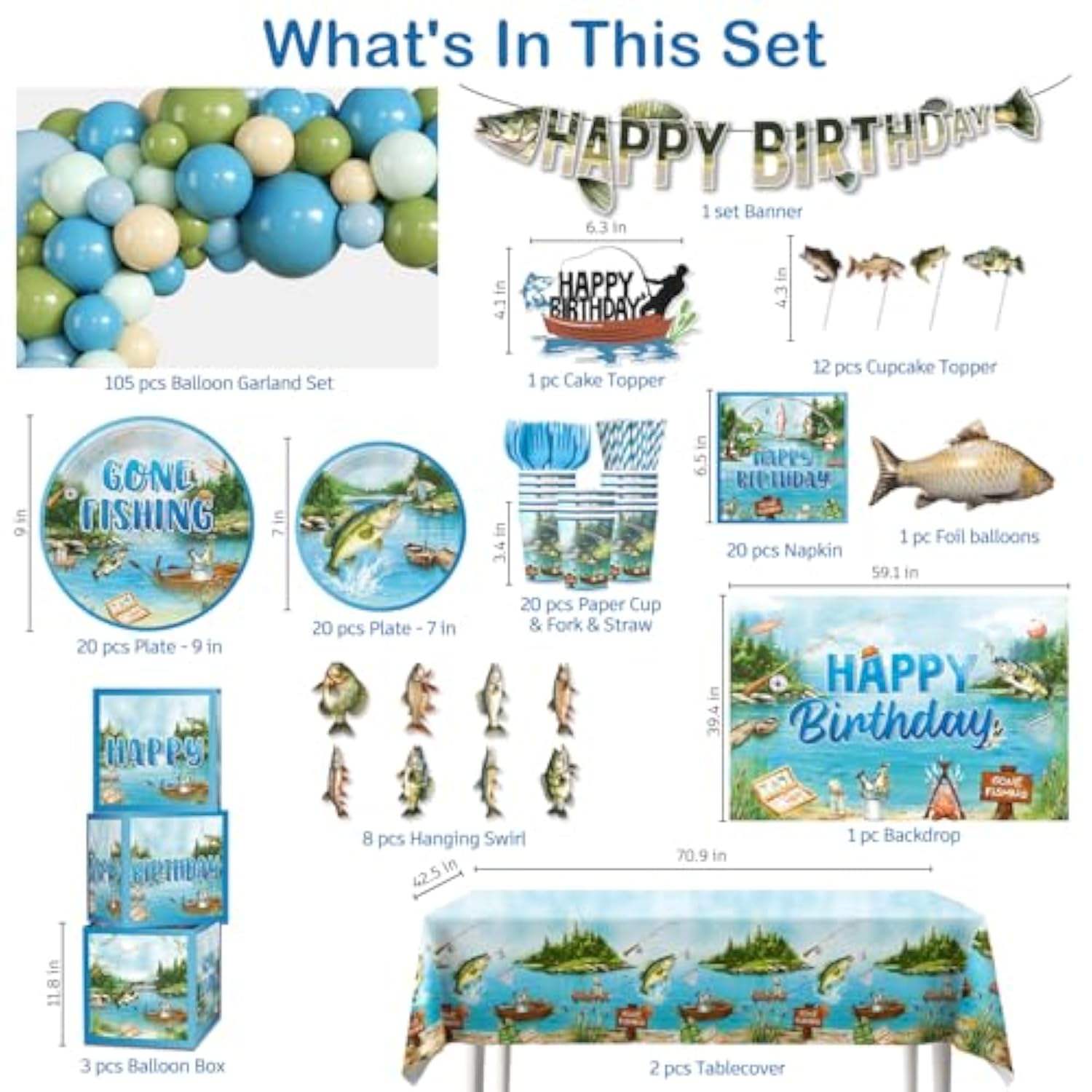 Fishing Birthday Party Decorations, All-In-1 Supplies Pack, Includes 20 Fishing Theme Tableware, Backdrop Tablecloth Balloon Kit For Fish Birthday Party Decorations