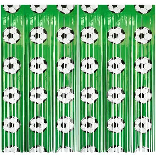 2 Pack Soccer Fringe Curtains, 3.3x6.6ft Green Backdrop with Soccer Ball Prints, World Cup Party Decorations, Photo Booth, Watch Party, Birthday, Team Spirit, Sports Theme Decor, Door Wall Streamers