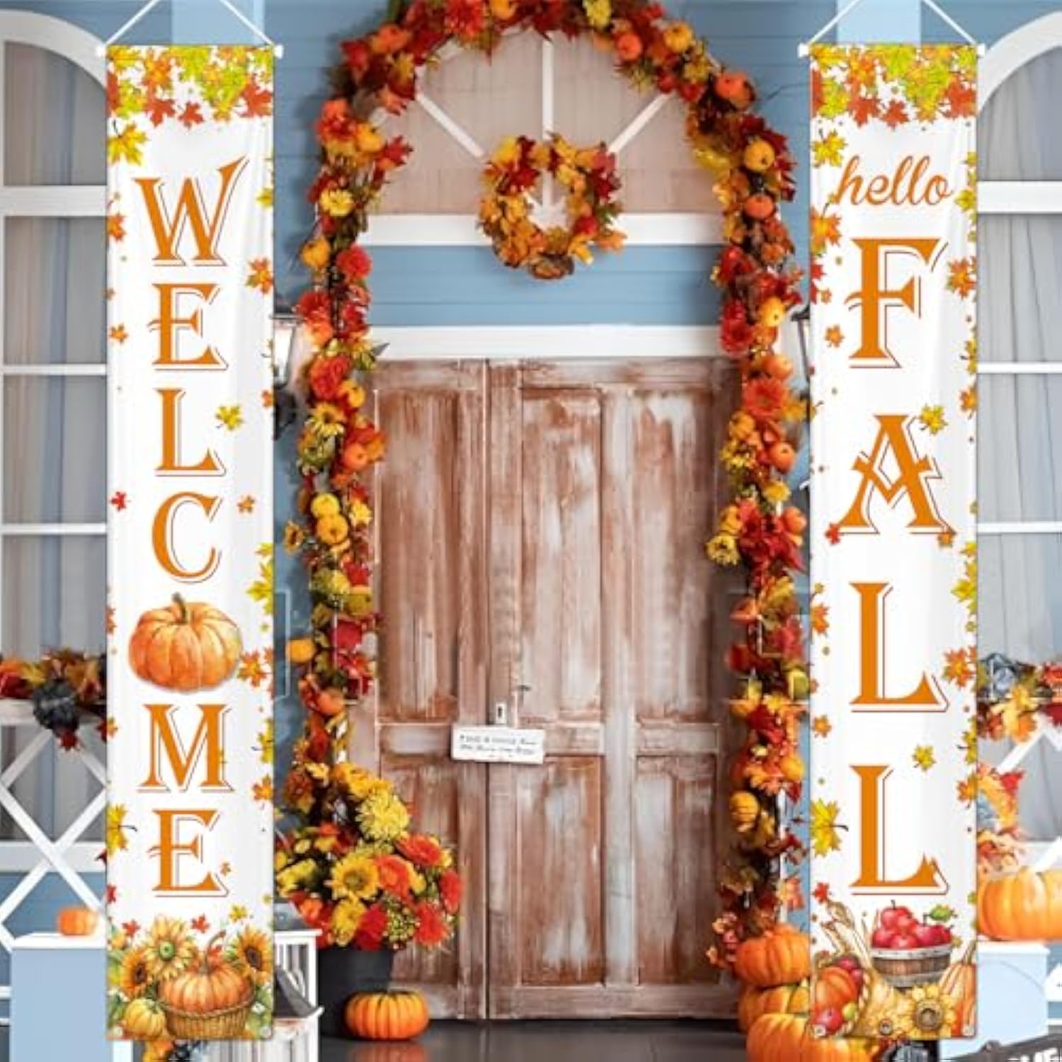 Hello Fall Porch Banner Autumn Harvest Hanging Banner Pumpkin Front Door Sign Fall Maple Leaves Welcome Signs For Thanksgiving Decorations Indoor Outdoor
