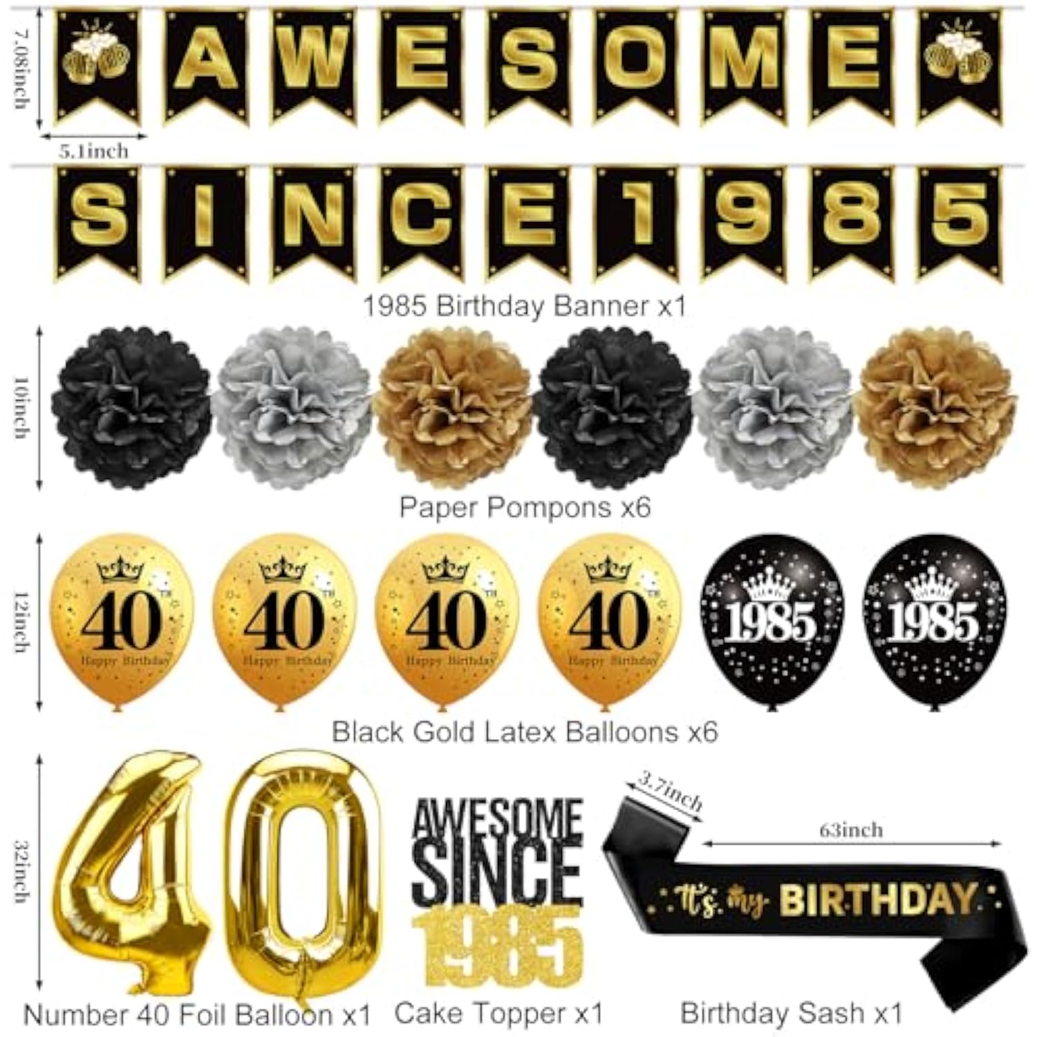 40Th Birthday Decorations For Men Women, Black Gold Awesome Since 1985 Banner Backdrop Happy 40Th Birthday Signature Guest Book Number 40 Balloon Cheers To 40 Years Old Sash Cake Topper Party Supplies