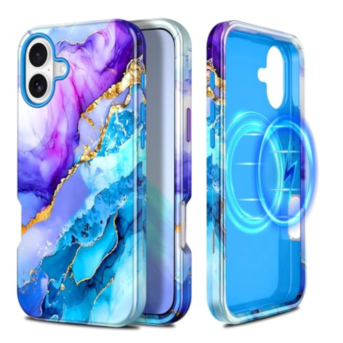 Marble Women Girls Case for iPhone 17 6.3 inch, Compatible with MagSafe, Military Grade Drop Test, Full Body Protection Slim Shockproof Rugged Case, Azure Blue