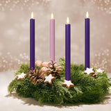 Flameless Advent Candles, Set Of 4 - Flickering Led Flame, 10 Inch Taper Candlesticks, Remote Controlled, Purple And Pink Color For Christmas Wreath
