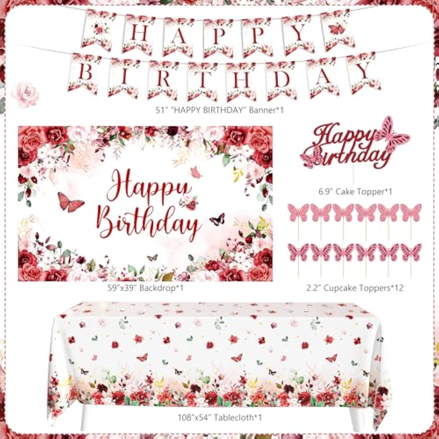 Birthday Decorations Party Pack For Women Girls Burgundy Birthday Party Supplies For Her Red Flower Backdrop Burgundy Rose Gold Balloon Arch Kit Banner Floral Tablecloth Butterfly Cupcake Toppers