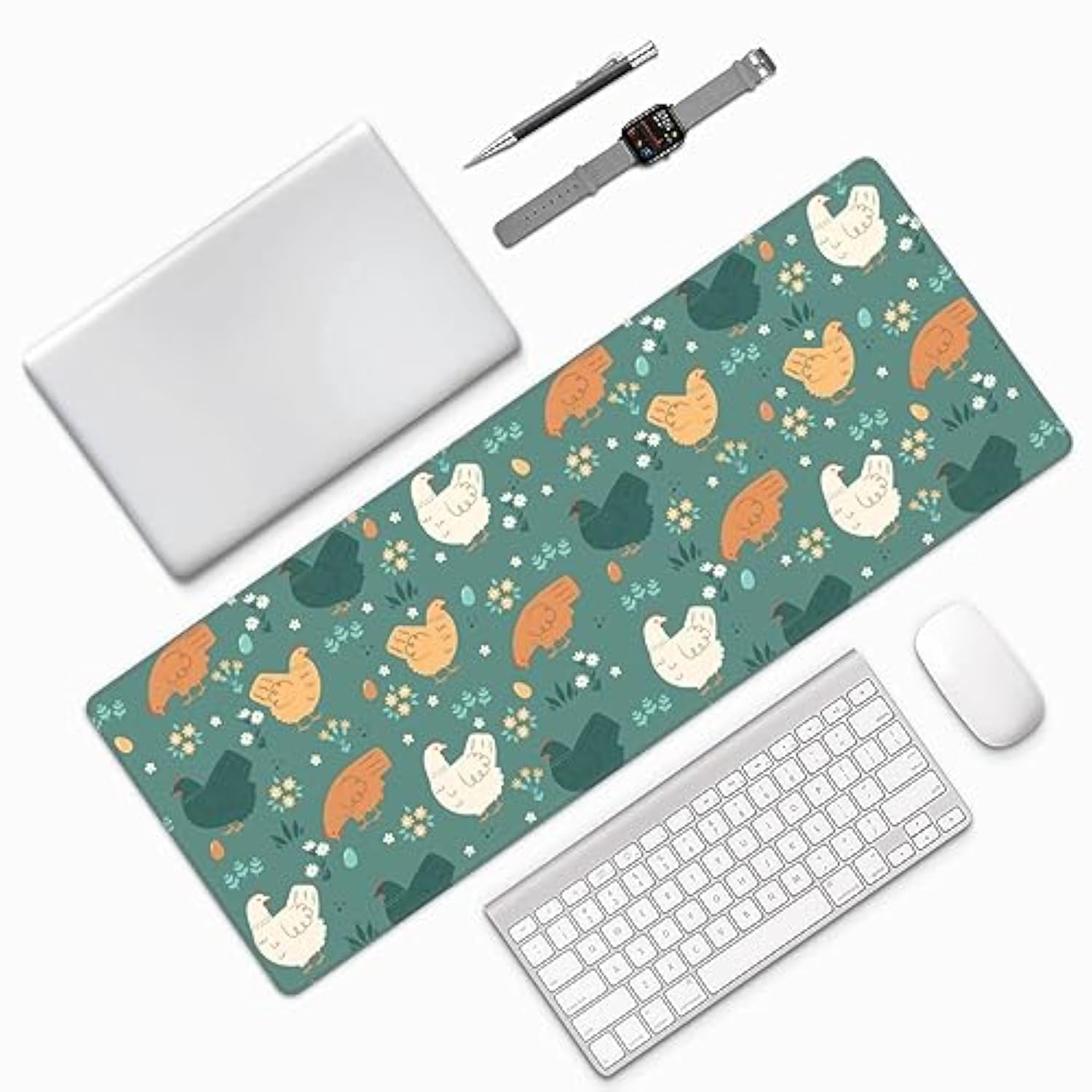Laptop Mouse Pad Vintage Spring Cute Chickens Eggs Desk Mat With Stitched Edges 31.5X 11.8 Inch Non-Slip Large Keyboard Rubber Writing Table Mat For Office Home