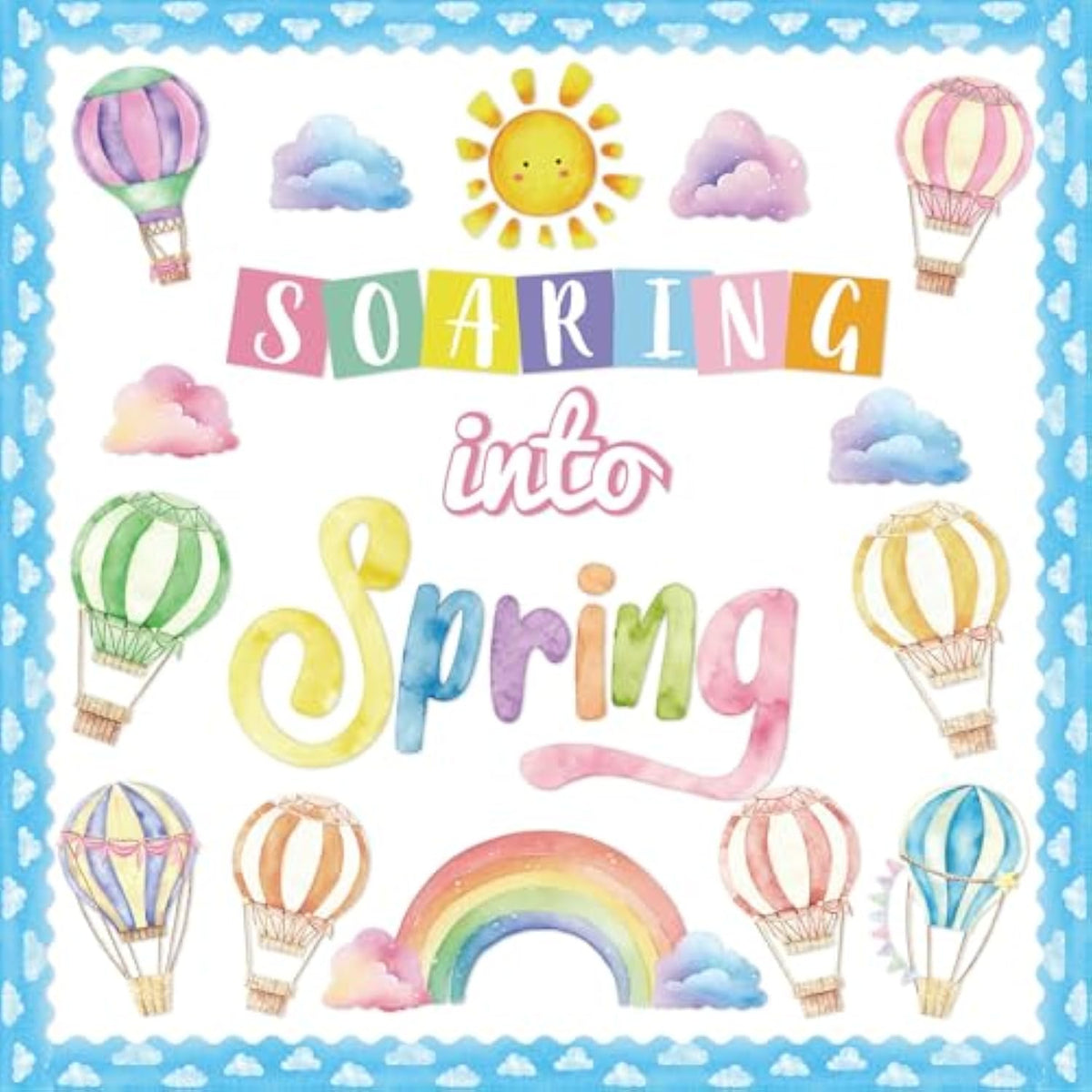 39Pcs Spring Bulletin Board Decorations Soaring Into Spring Classroom Bulletin Board Set Hot Air Balloon Rainbow Paper Cutouts For Classroom School Office Home Nursery Chalkboard Door Wall Decor