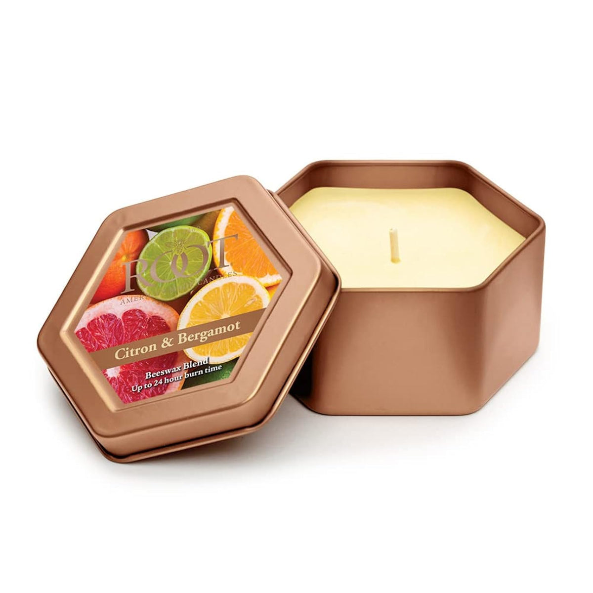 Root Candles Scented Candles in Travel Tin 24-Hour Honeycomb Traveler Handcrafted Beeswax Blend Candle, 4-Ounce, Citron & Bergamot