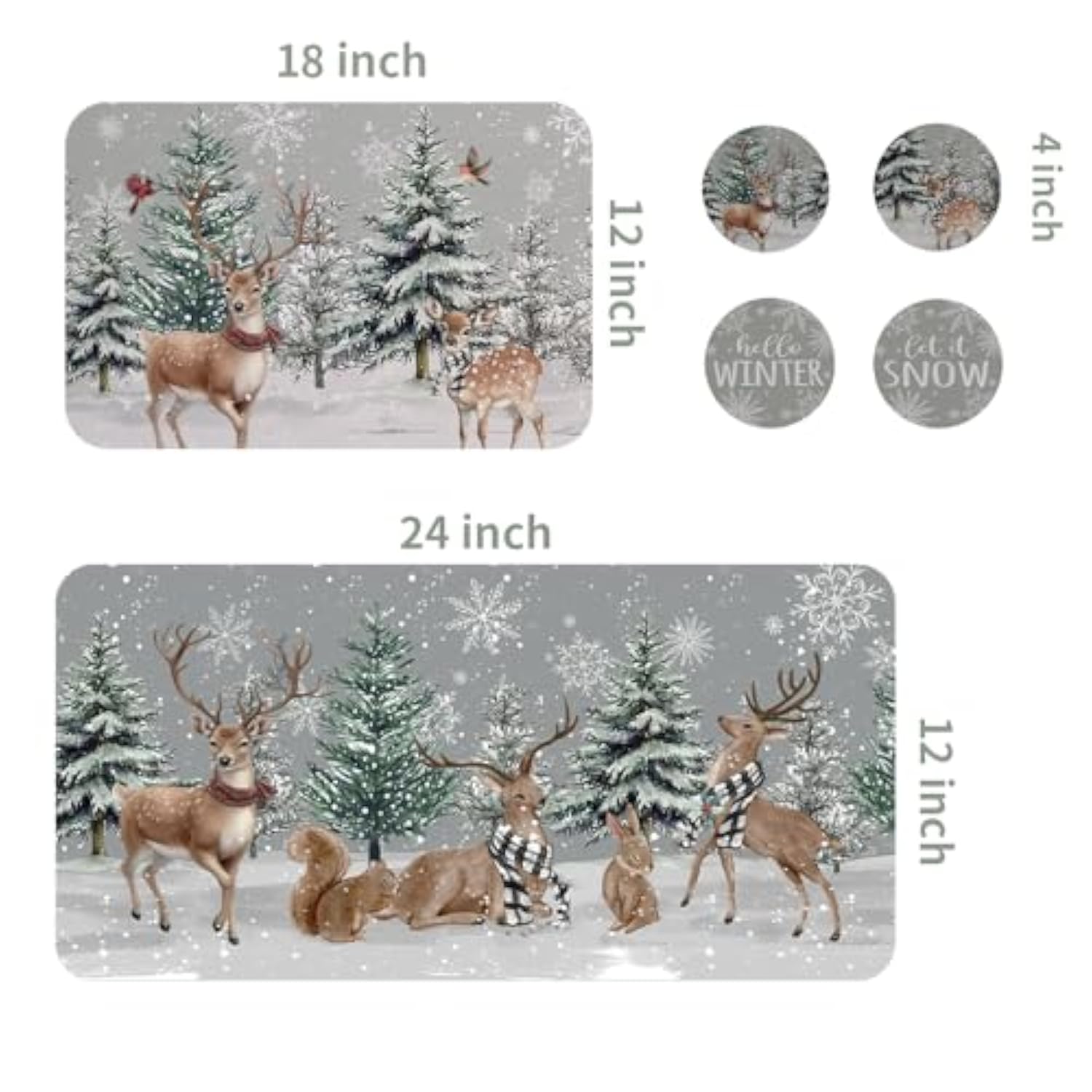Christmas Winter Dish Drying Mat With 4Pcs Coasters,2Pcs Kitchen Bar Mat Coffee Mat Accessories Fits Under Coffee Maker And Pot,Snowy Pine Tree Deer Cardinal Snowflake Detachable