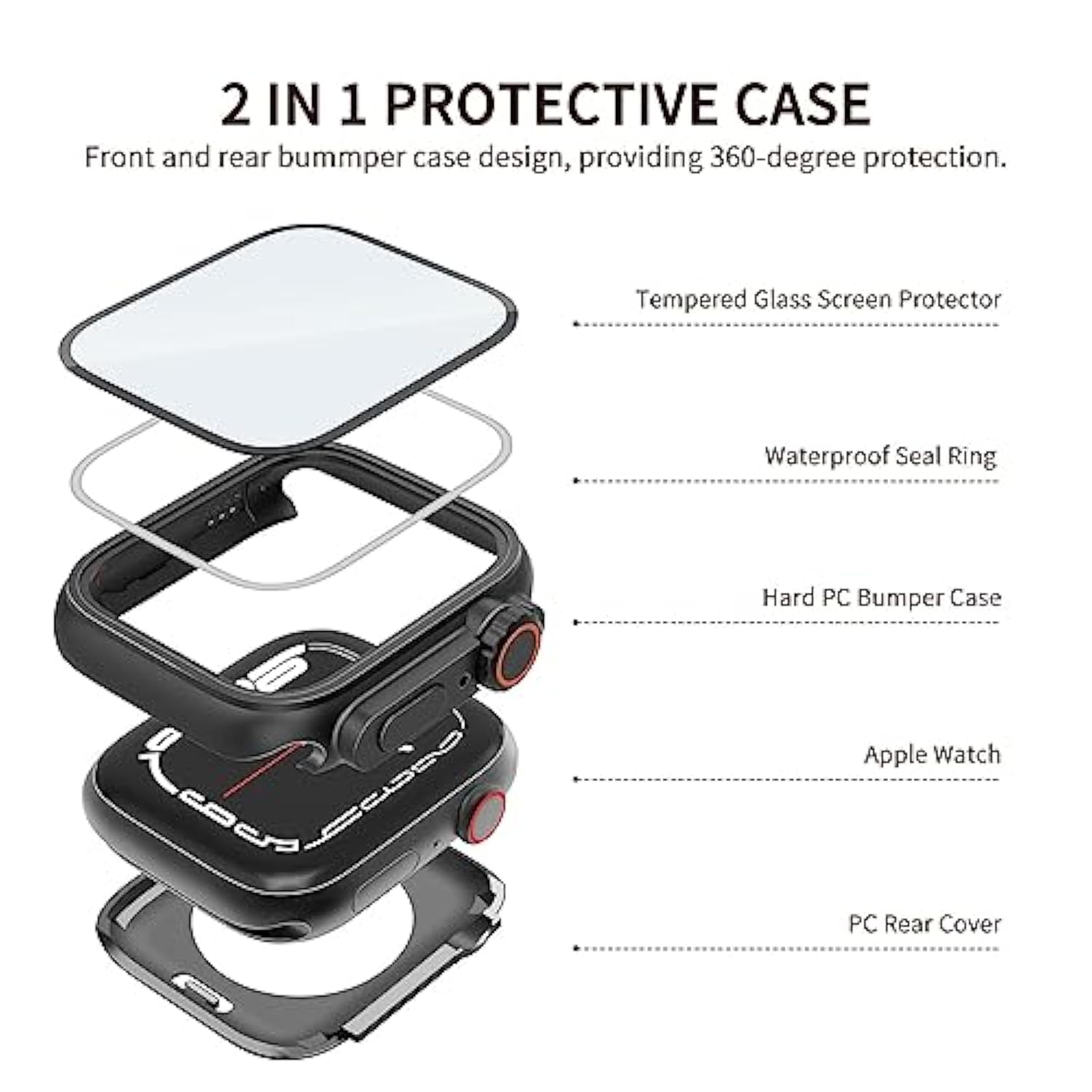 2 In 1 Waterproof Case Compatible For Apple Watch 44Mm Se3/Se2/Se Series 6/5/4 Screen Protector (Ultra Style Design) Iwatch Tempered Glass Protective Pc Back Cover Accessories, Black