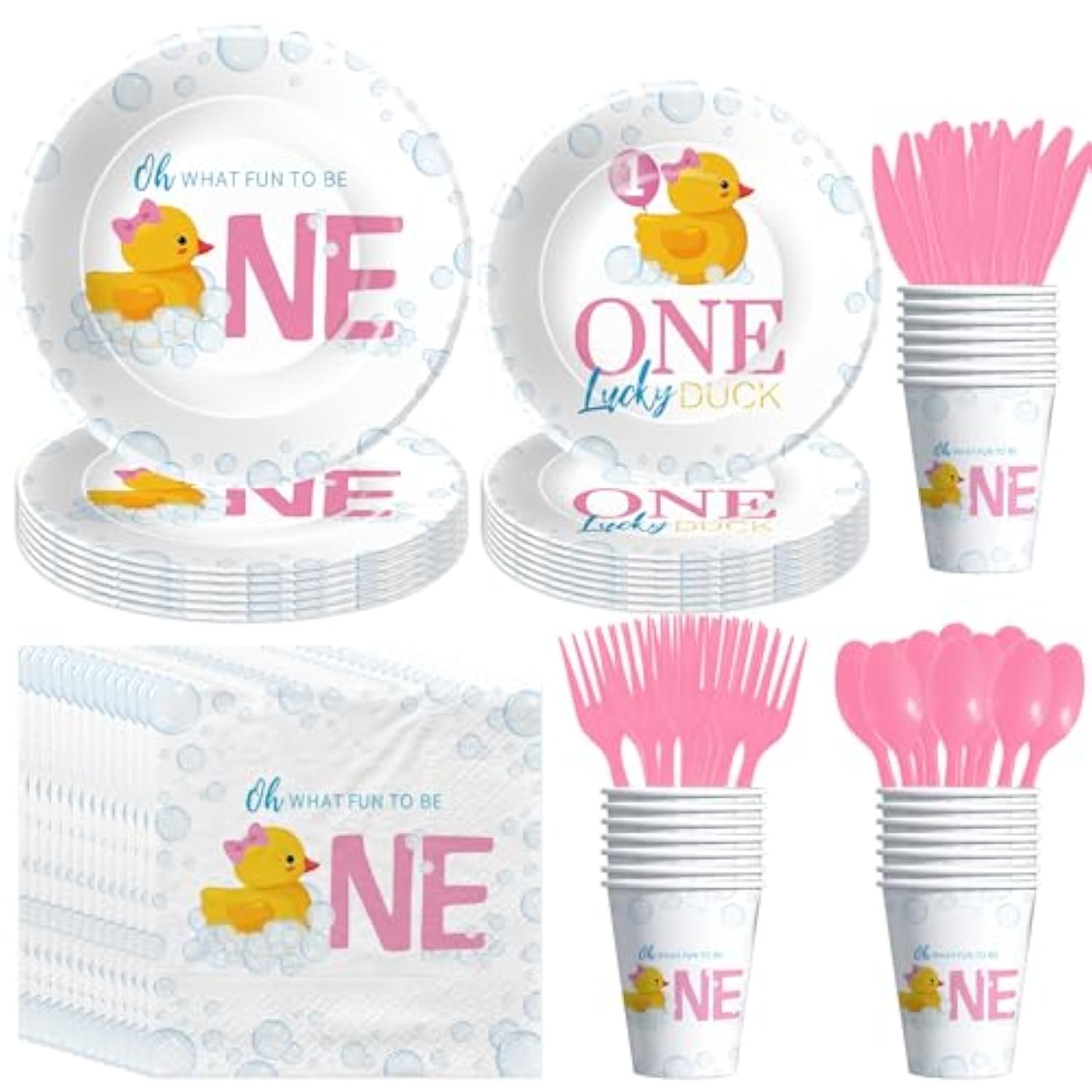 Rubber Duck 1St Birthday Decorations For Girl Tableware, Bubble Bath Theme Pink One Lucky Duck Birthday Party Supplies, Paper Plates, Cups, Napkins, Disposable Cutlery, Serves 24