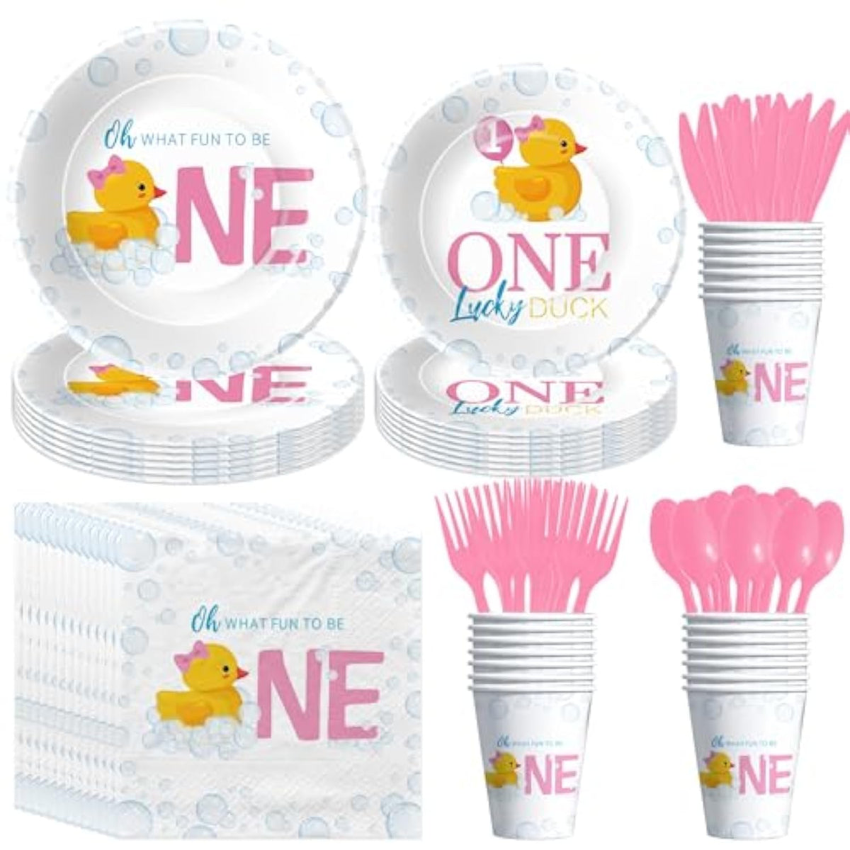 Rubber Duck 1St Birthday Decorations For Girl Tableware, Bubble Bath Theme Pink One Lucky Duck Birthday Party Supplies, Paper Plates, Cups, Napkins, Disposable Cutlery, Serves 24