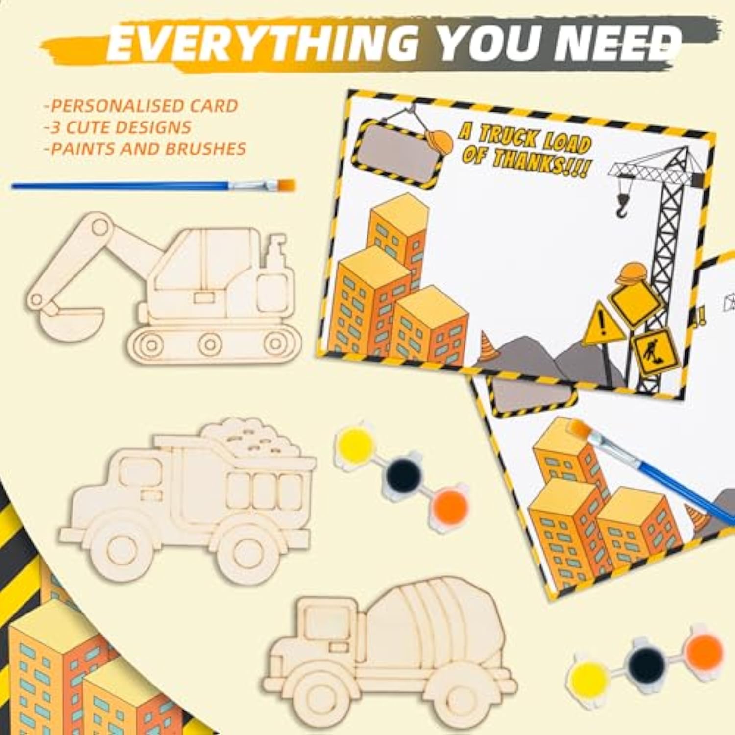 Pre-Packaged Construction Party Favors. 12 Sets Of Wooden Truck Painting Kit-Includes Paints, Brush, Wooden Truck And Personalized Card. Perfect Birthday Party Favors And Loot Bags