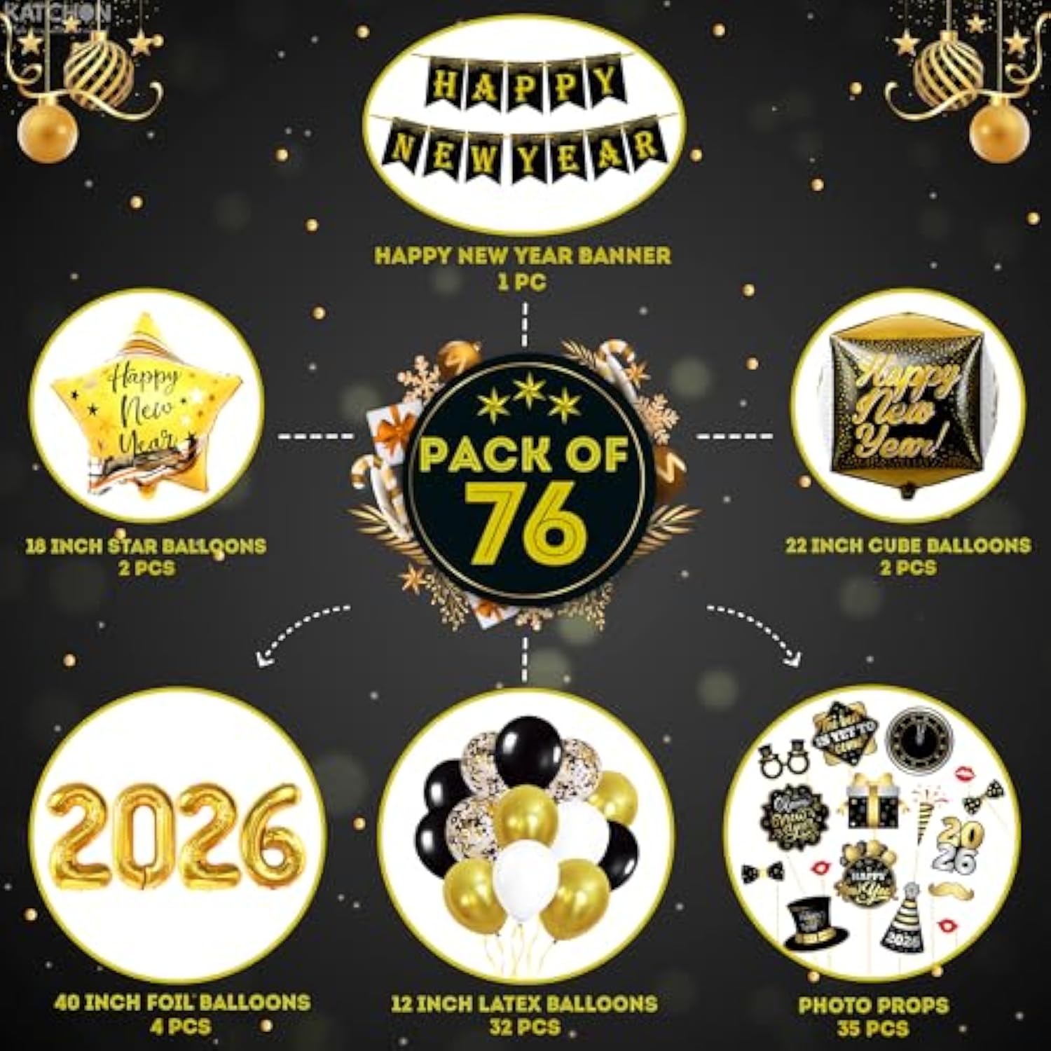 76Pc New Year 2026 Party Set Black Gold Balloons Banner Photo Props