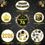 76Pc New Year 2026 Party Set Black Gold Balloons Banner Photo Props