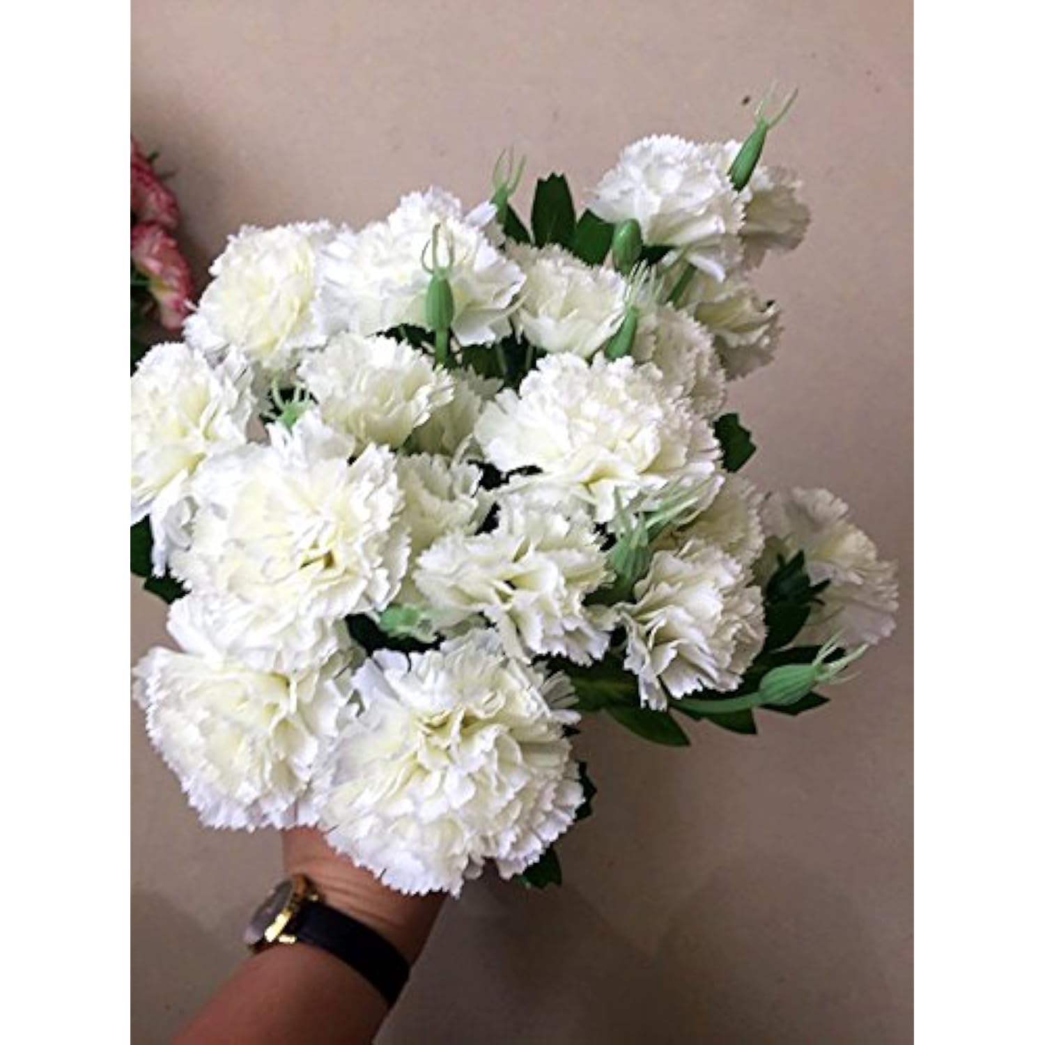 Ieoyoubei 4 Bunches Bouquet Of Artificial Silk Flower Creamy-White Carnations11 Inch Bouquet And Green Leaf For Home Decoration Bridal Wedding Festival Decoration With 10 Per Bunch Flower