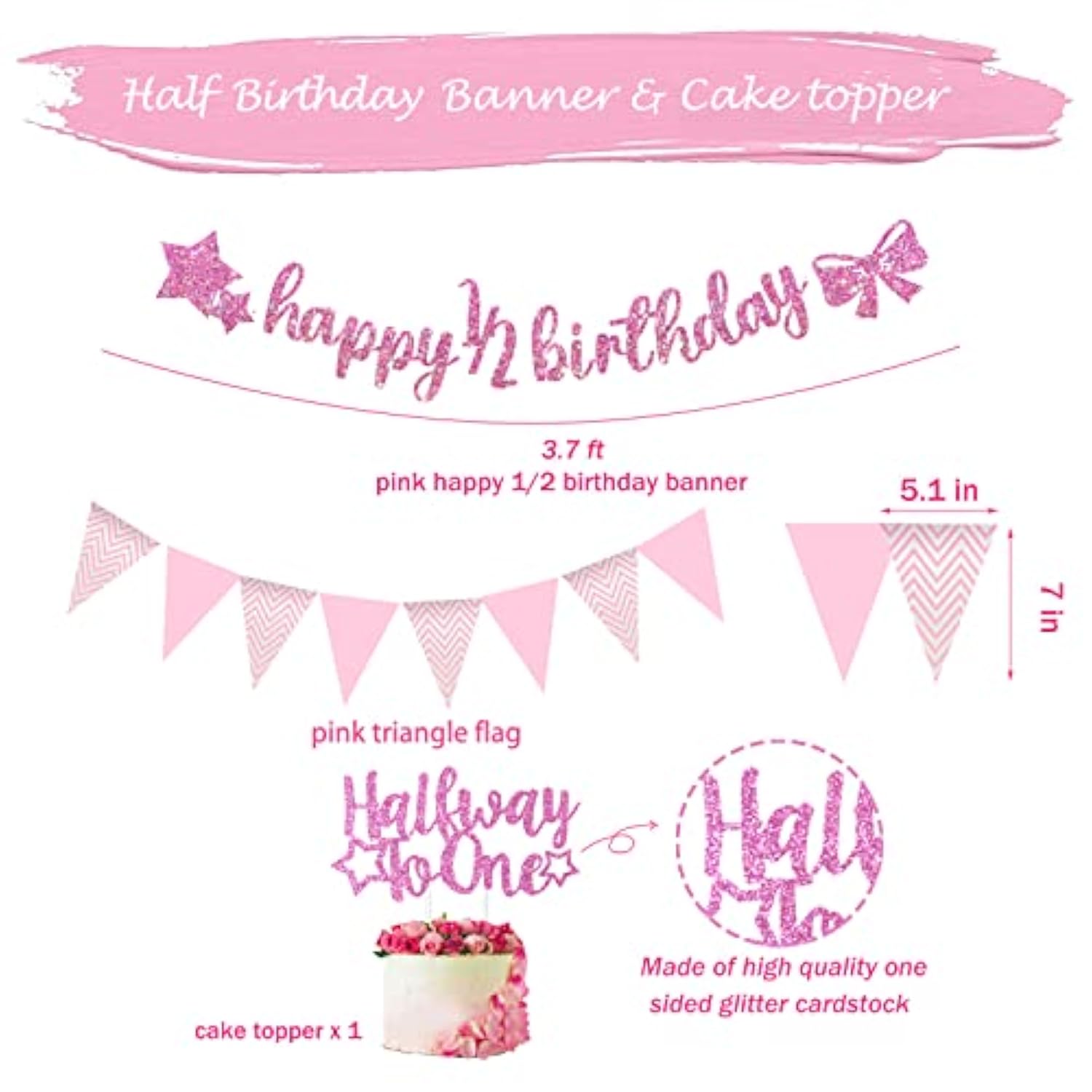 Half Birthday Decorations Baby Girl, 12 Birthday Decorations Supplies, 6 Months Birthday Decorations, Pink Rose Gold Glitter Half Birthday Banner With Triangle Flag Banner, 12 Birthday Hat