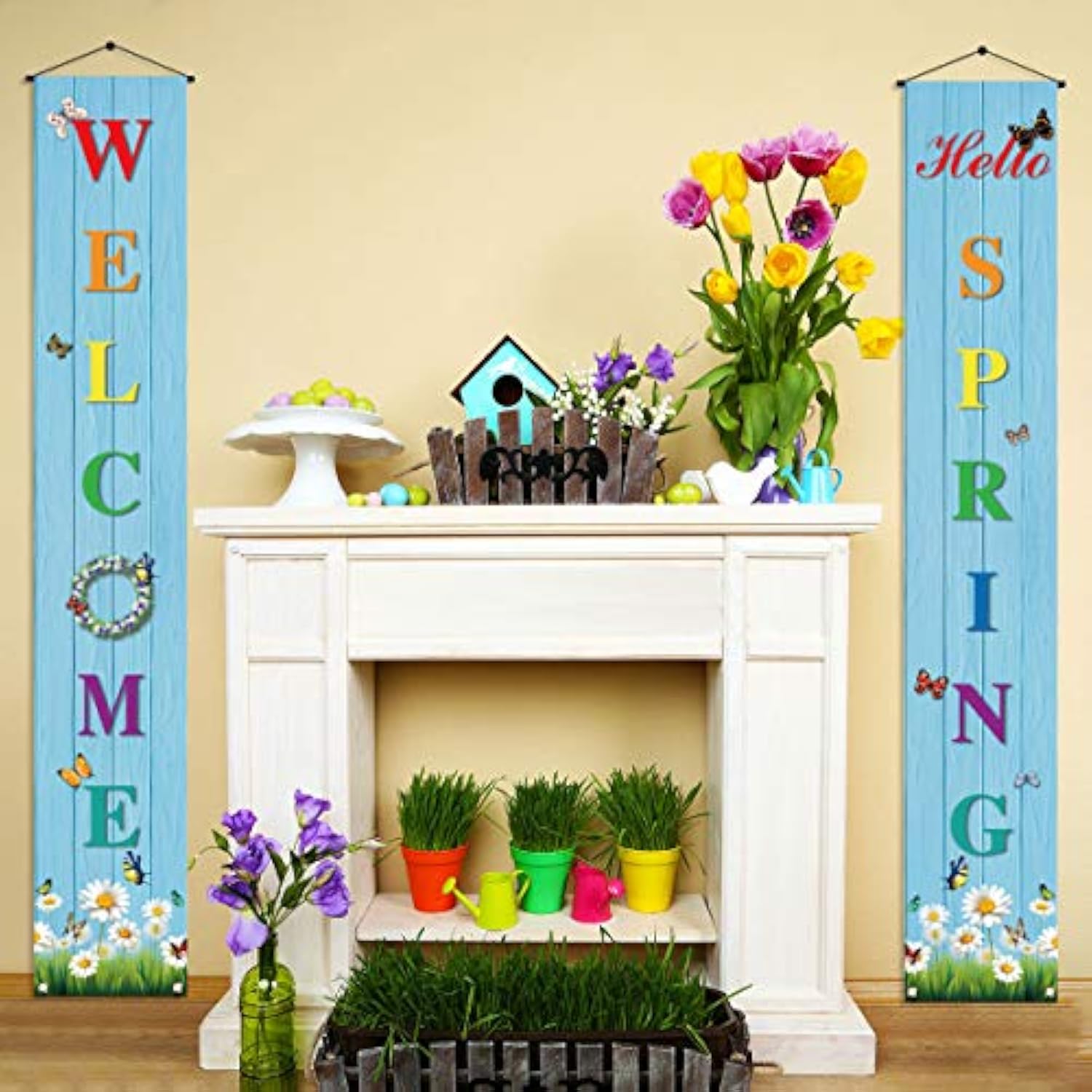 Hello Spring Banner,Spring Welcome Porch Sign,Spring Party Decoration Outdoor Indoor Front For Home Farmhouse School Classroom