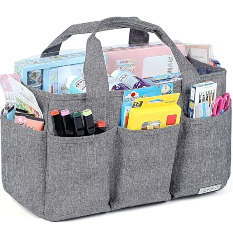 Craft Organizer Tote Bag With Multiple Pockets, Storage Art Caddy For Scrapbooking, Crafts Supply Carrier For Tool, Gray
