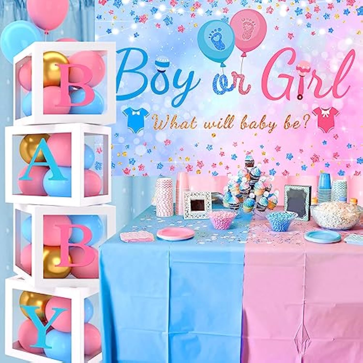 Gender Reveal Balloon Arch Kit – 141pcs Pink & Blue Balloons with 4 Boxes and Backdrop for Baby Shower