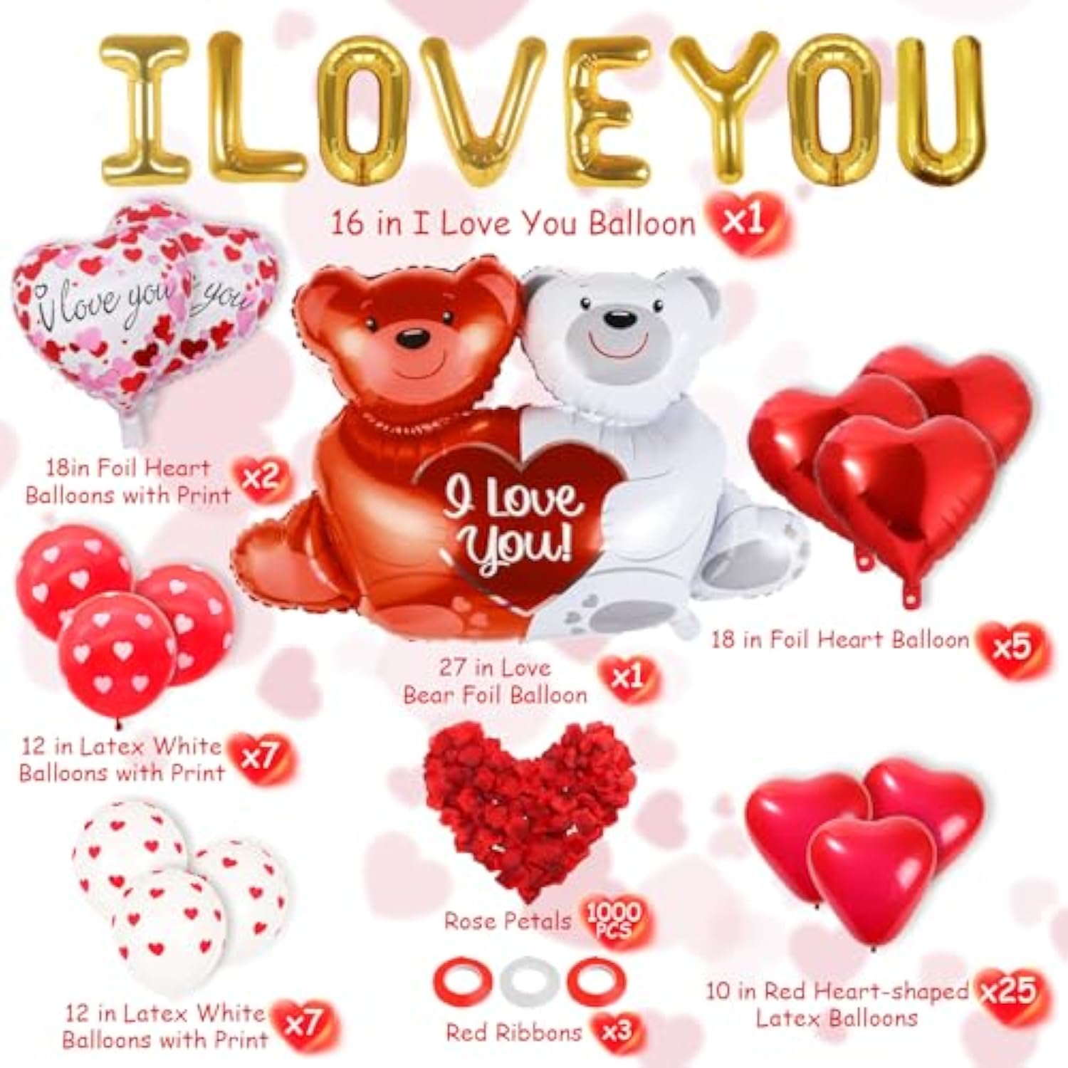 55 Pack Valentine'S Day Balloons With 1000 Pcs Silk Rose Petals - I Love You Balloons, Heart Balloons, Love-Bear Balloon For Anniversary Valentine Day, Romantic Decorations Special Night For Bedroom