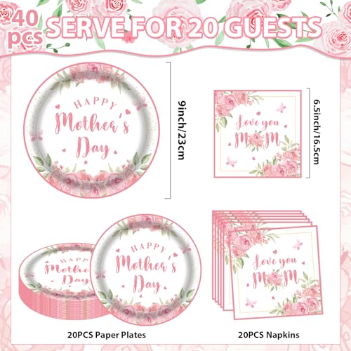 Mother's Day Decorations Pink Flower Plates and Napkins Set of 20, 9 Inch Party Paper Plates and Napkins Sets, Floral Paper Plates for Mother’s Day Party Supplies, Happy Mothers Day Paper Goods