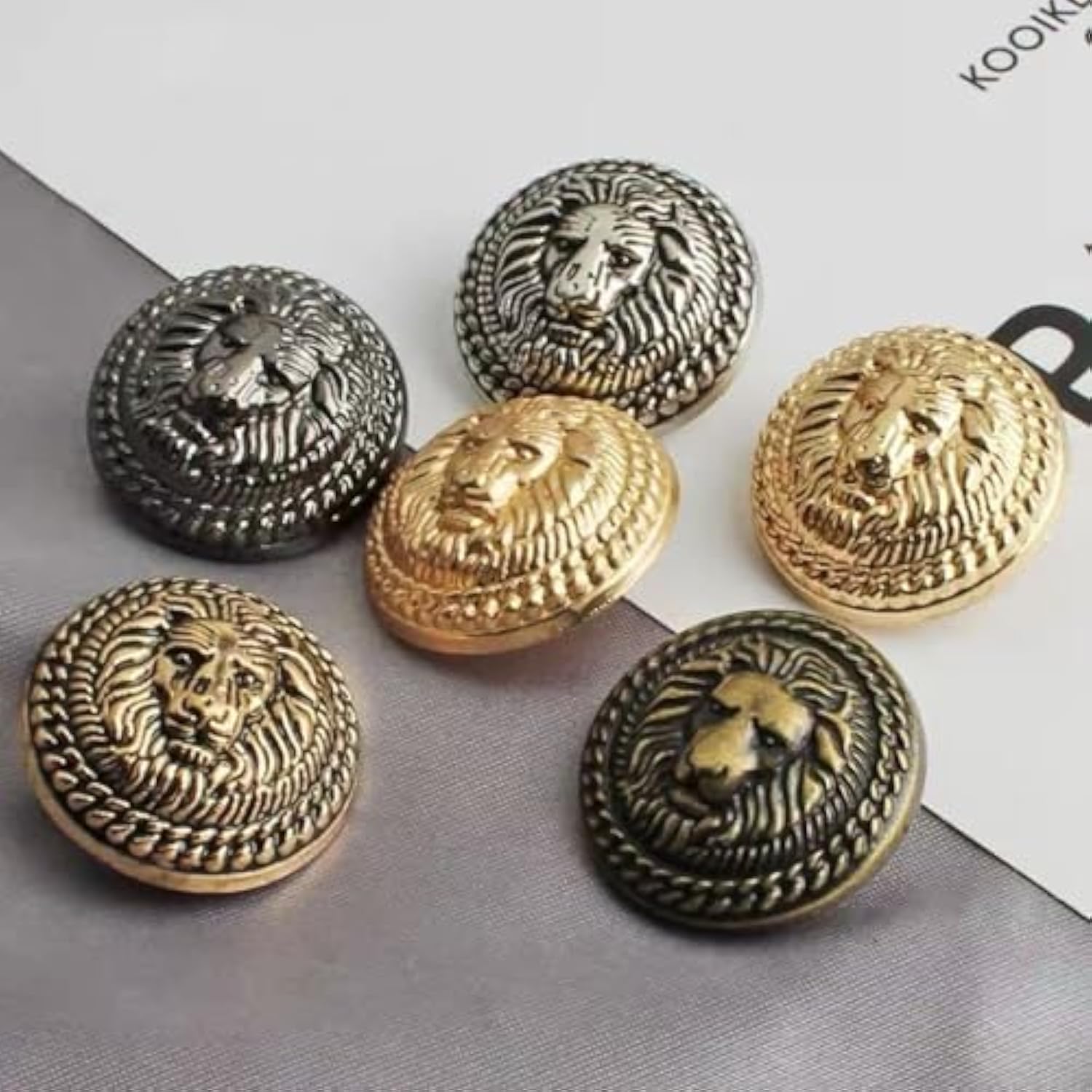 5Pcs Vintage Lion Pattern Shank Metal Button Round For Sewing Clothing