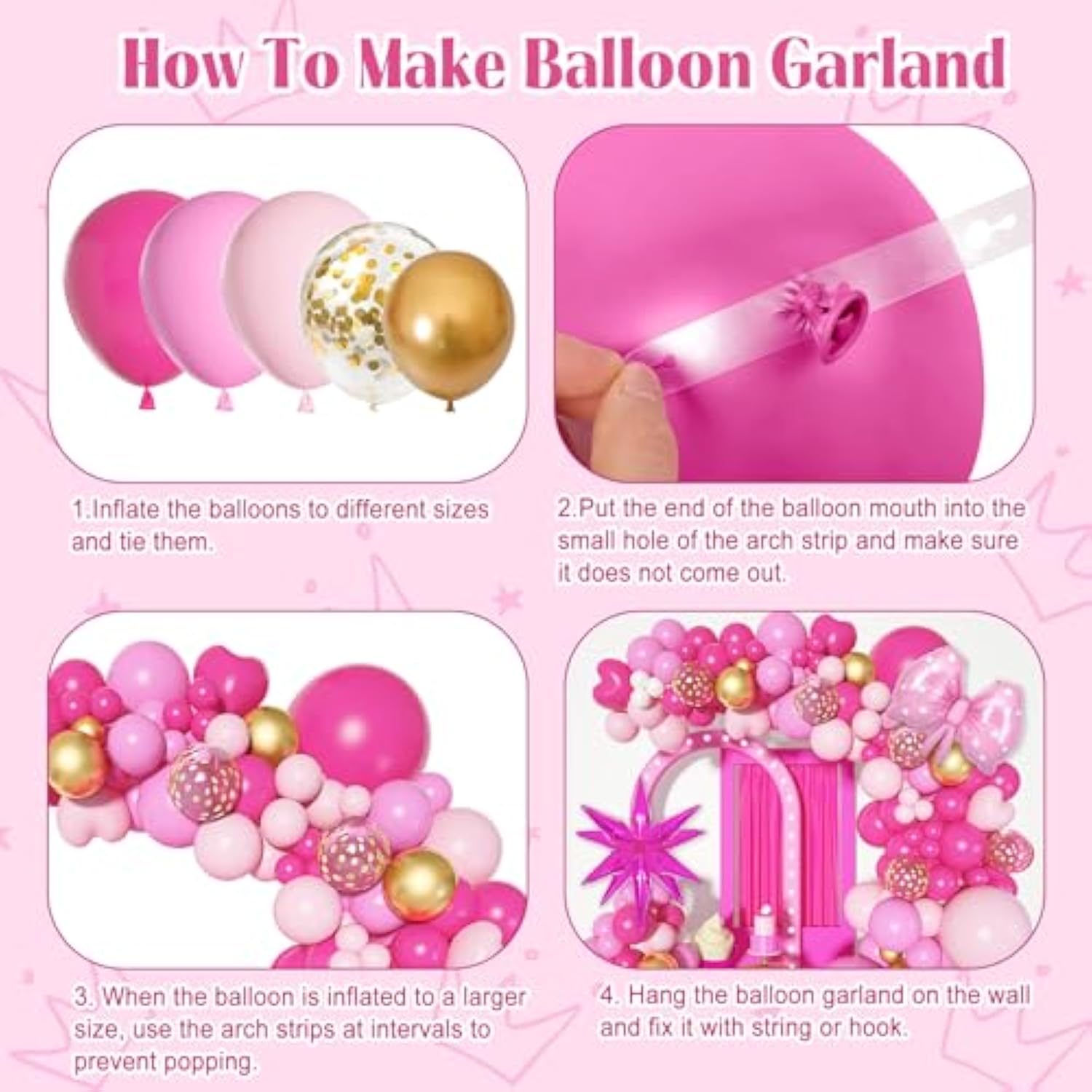 145Pcs Princess Pink Balloon Garland Arch Kit, Hot Pink Confetti 4D St