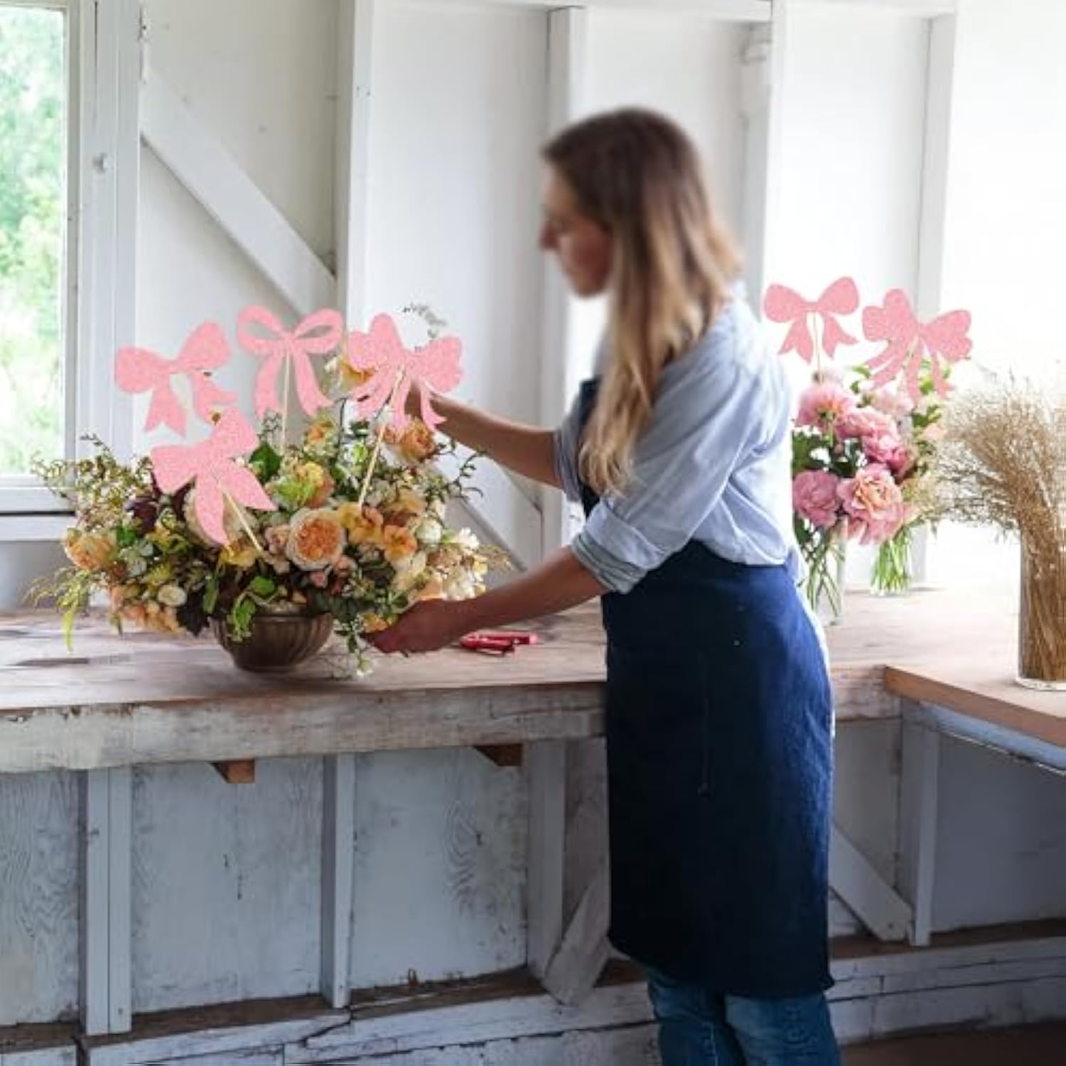 12Pcs Bow Centerpiece Sticks Birthday Bowknot Ribbons Coquette Table Flower Centerpieces Sticks Bow High Footed Party Decorations For Bridal Shower Birthday Wedding Party Supplies Pink