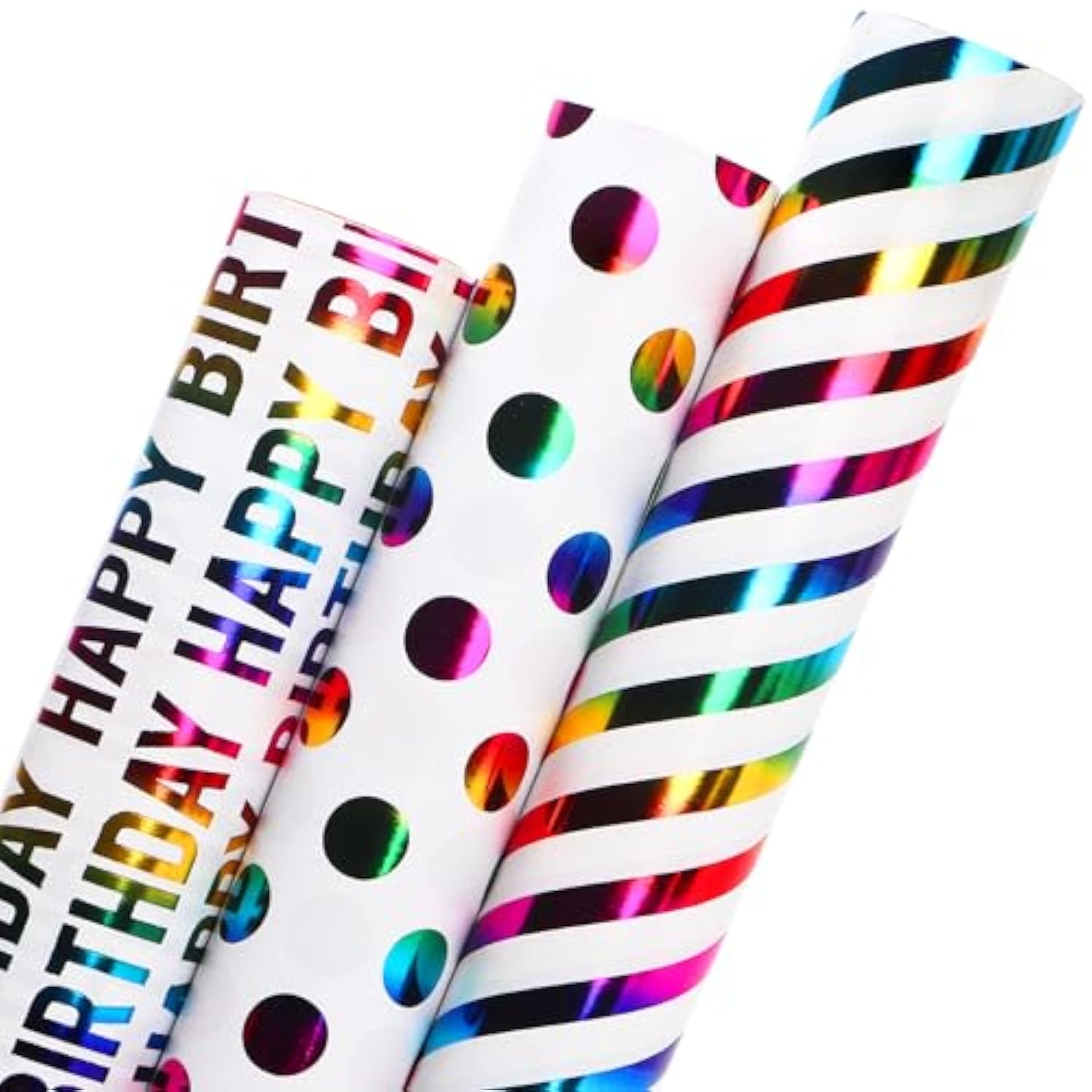 Iridescent Birthday Wrapping Paper 3 Rolls Polka Dots Stripes 17In X 120In Each