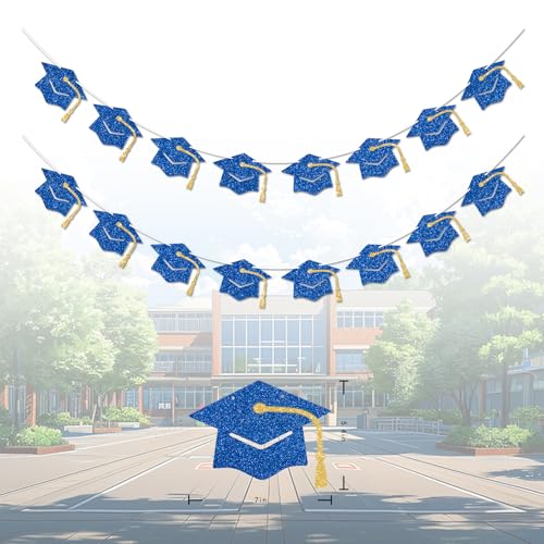 Graduation Decorations Class of 2026 Blue and Gold Graduation Banner Glitter Pre-strung Grad Cap Banner for 2026 Grad Decor Party Supplies