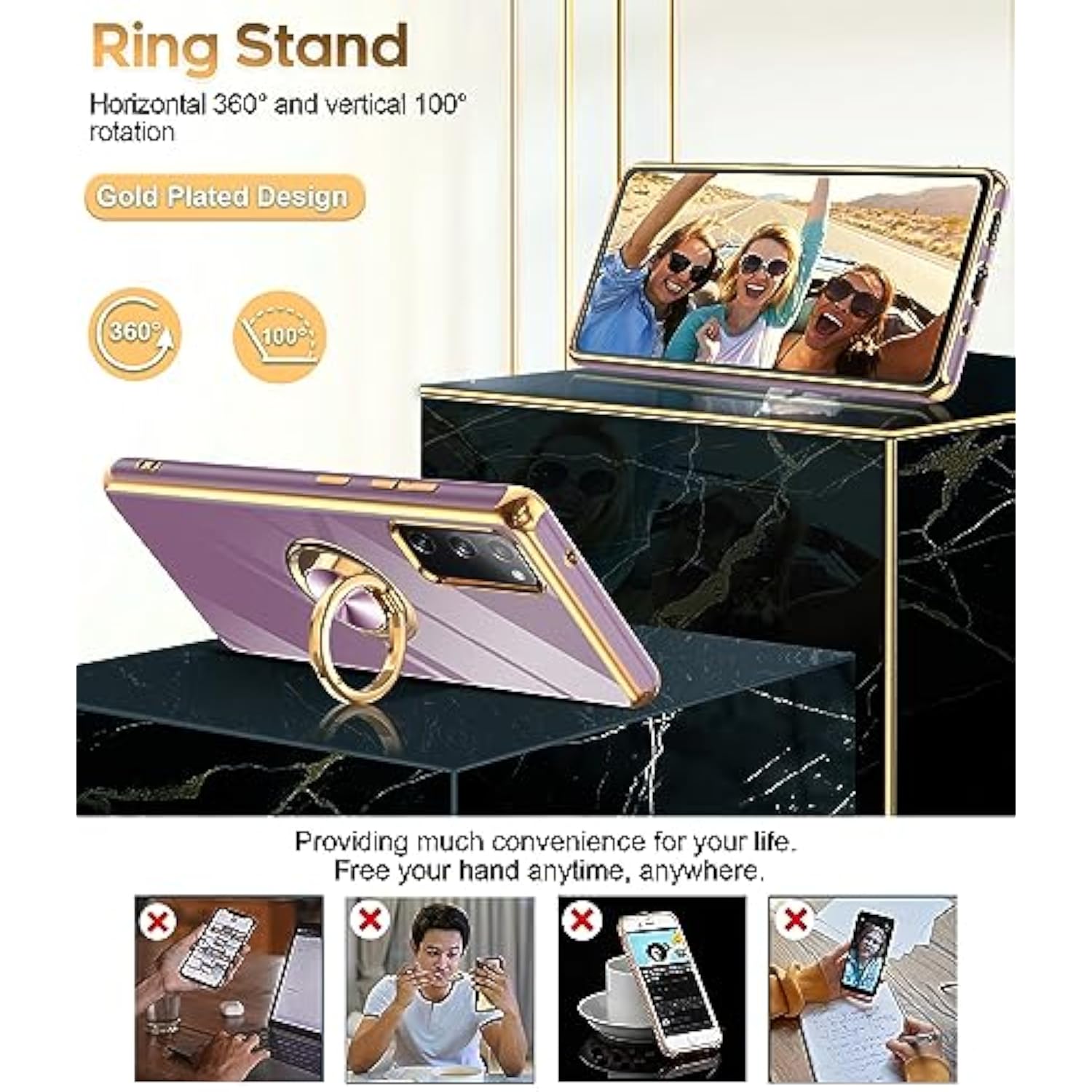 For Samsung Galaxy S20-Fe-5G Case: With Tempered Glass Screen Protector [2 Pack], Ring Holder Magnetic Kickstand, Plating Rose Gold Edge Protective Case For Women Men Girls, Purple