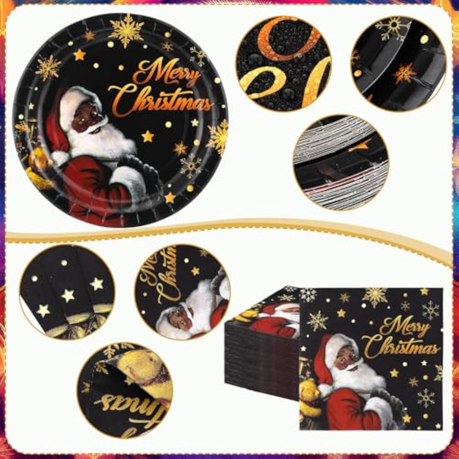 194 Pcs Black Santa Christmas Decorations Black African American Claus Girl Christmas Disposable Paper Dinnerware Set Includes Plates Cups Napkins Knives Forks Spoons For Xmas Party Supplies