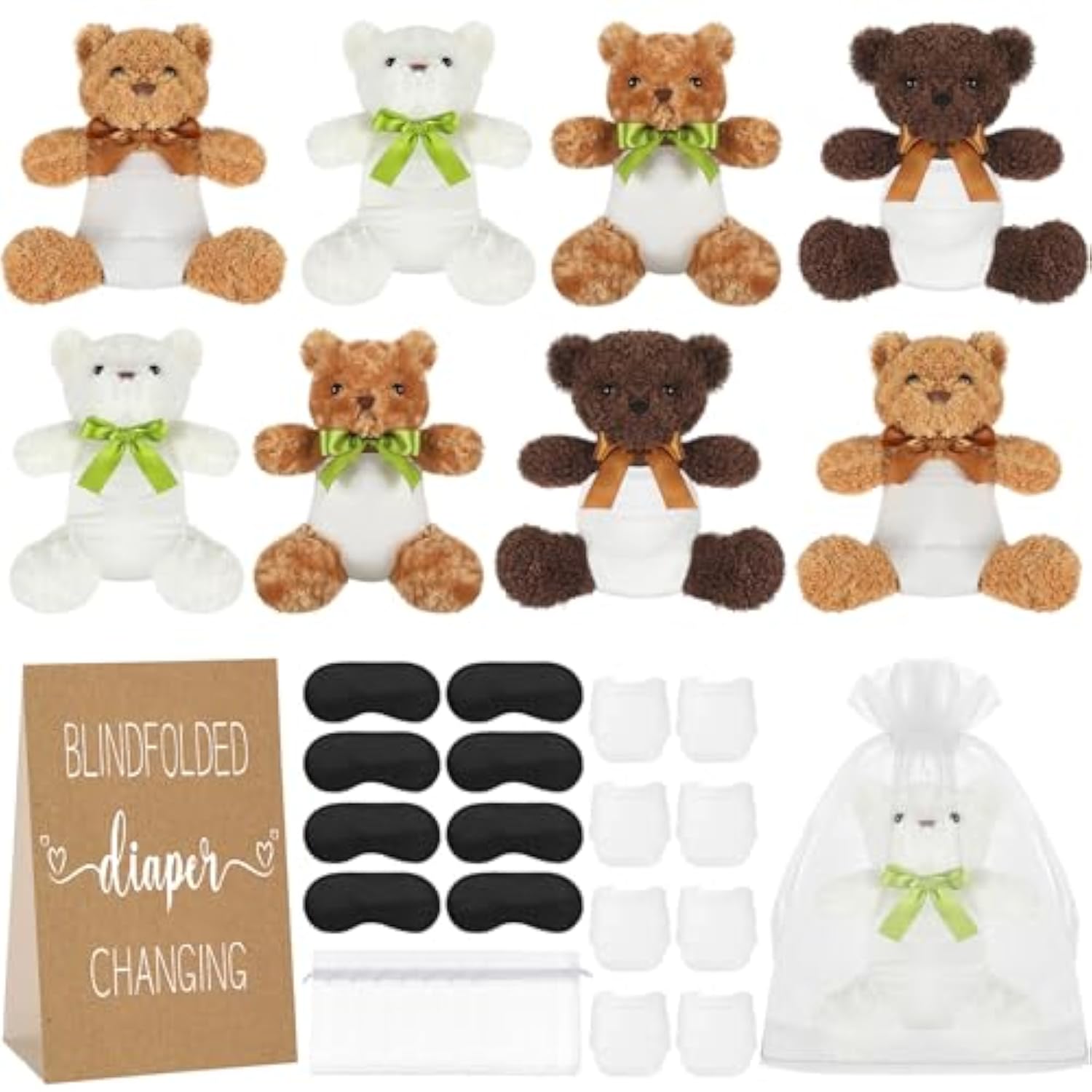 8 Set Bear Blindfolded Diaper Changing Baby Shower Games For Blindfold Changing With 8 Bear Plush 8 Diapers 8 Gift Bags For Baby Shower Gender Reveal Raffle Party Game