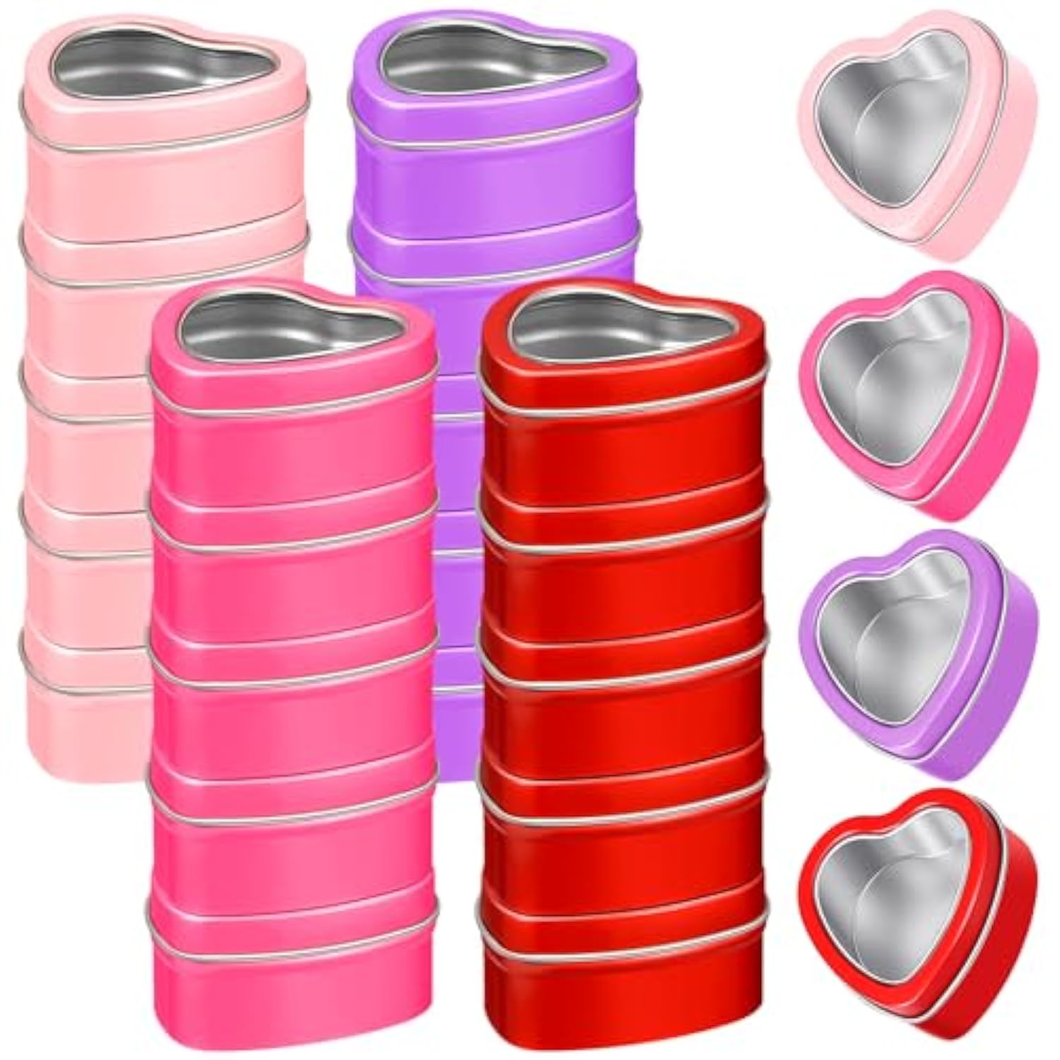 24 Pcs 2Oz Heart Shaped Metal Tins With Clear Window Lids Empty Metal Cans Heart Shaped Box Candle Tins Jar For Valentine‘S Day Candle Making Candies Gift(Red, Pink, Purple, Rosy)