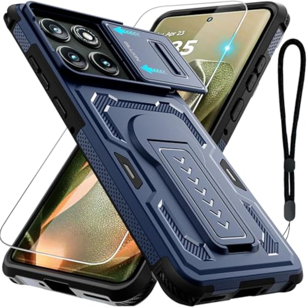 For Motorola Edge 2025 Case With Screen Protector, Slide Camera Cover & Kickstand, Lanyard Strap,Military Grade Shockproof Protective Heavy Duty Non-Slip Phone Case For Moto Edge 2025, Blue